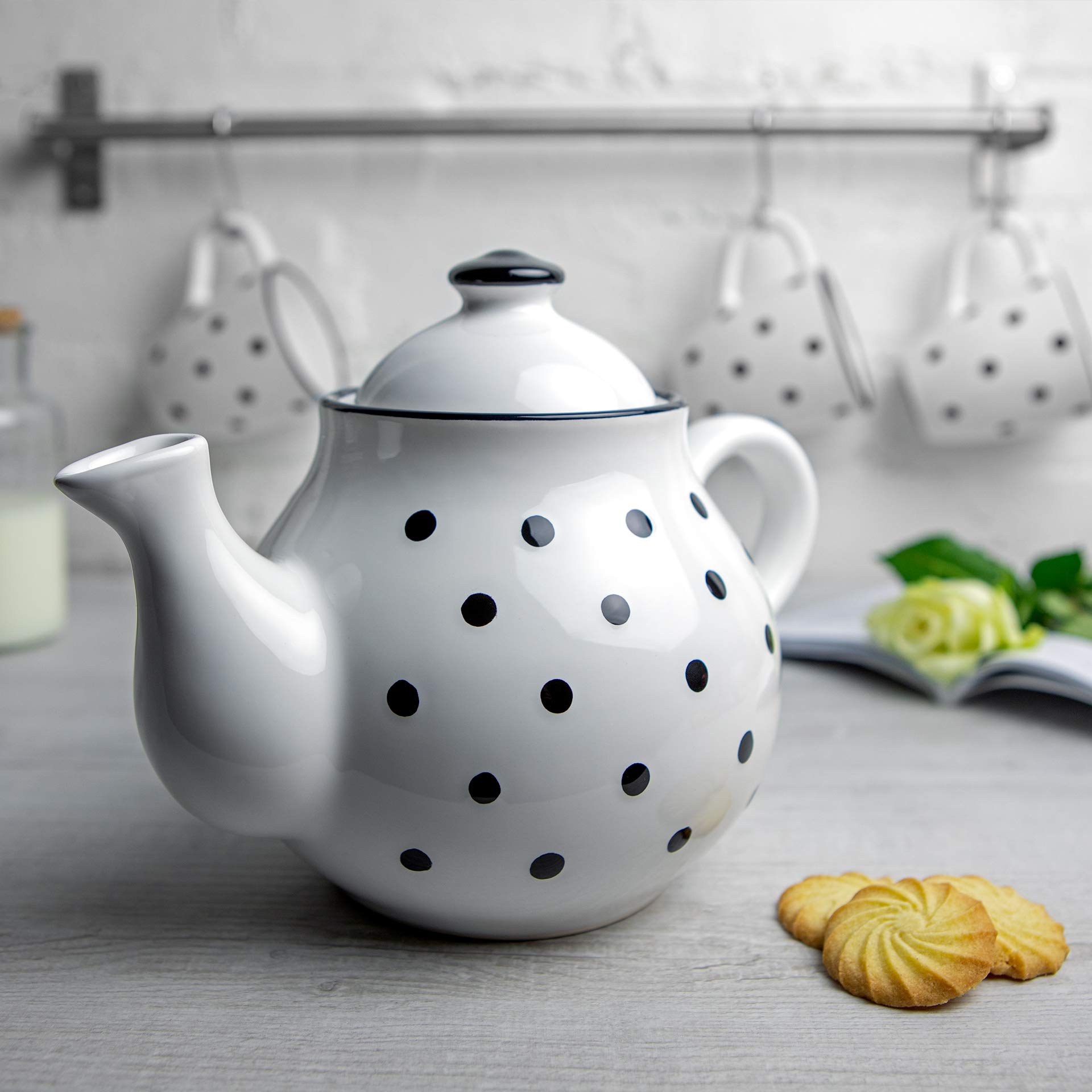 Handcrafted Premium 60 oz Ceramic Teapot for Blooming & Loose Leaf Tea - White & Black Blue Polka Dot Design - Large Capacity (6-8 Cups) - Perfect for Tea Lovers, Afternoon Tea Parties & Cozy Cottage Gatherings
