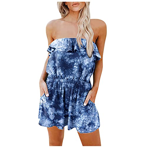 Strapless Ruffle Jumpsuit for Women - Sexy Off Shoulder Romper Shorts, Summer Casual Dress (Blue, Size S) | Perfect for Beach Parties, Date Nights & Summer Vacations