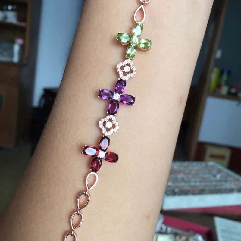 18K Platinum Garnet & Peridot Amethyst Chain Bracelet - Elegant Wisdom Jewelry Gift for Women | Perfect for Birthday, Anniversary & Special Occasions | FME B074