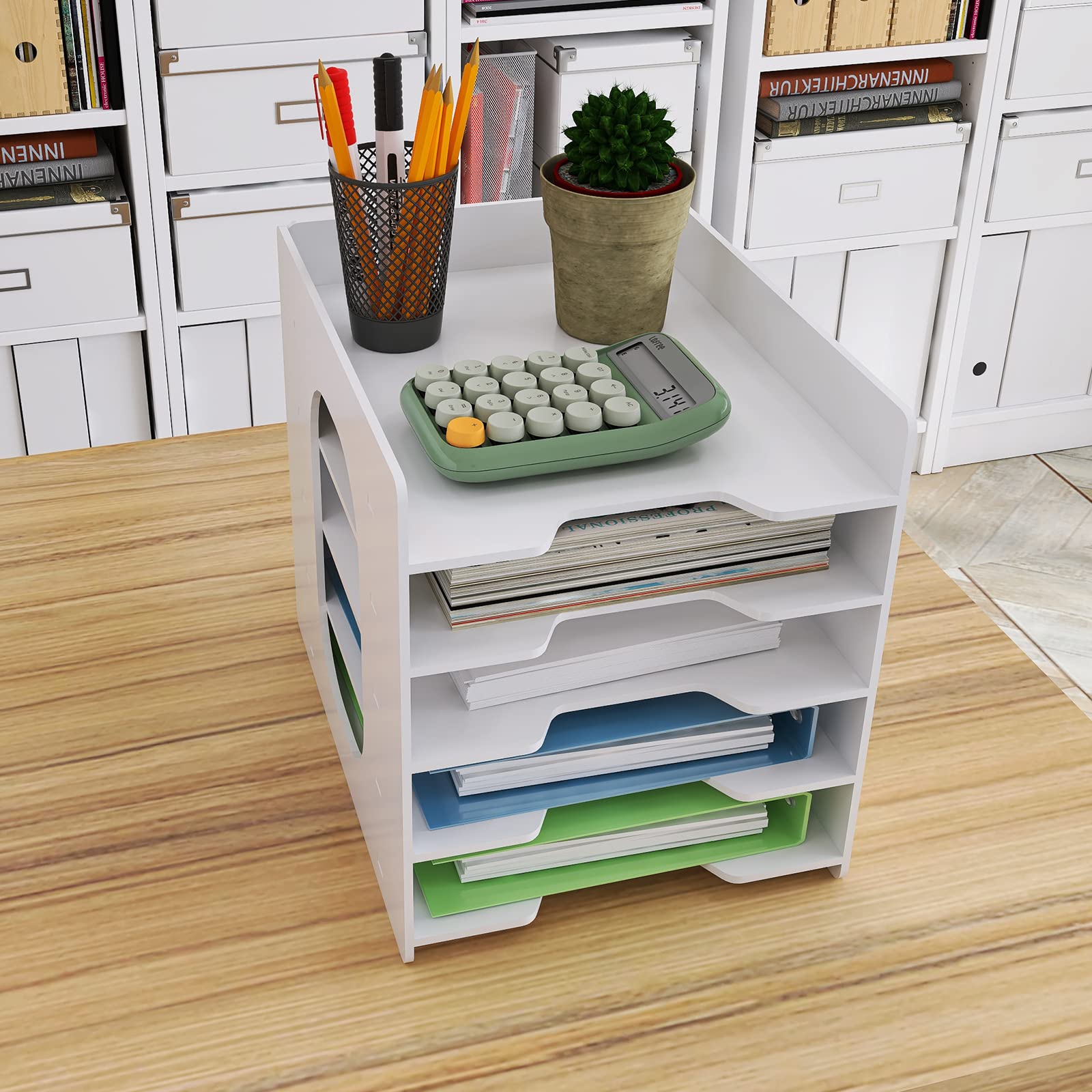 5-Tier White Paper Organizer for Desk - File Holder, Mail & Letter Tray, Document Sorter - Office, Home, School & Classroom Storage Solution for Notebooks, Documents & Stationary