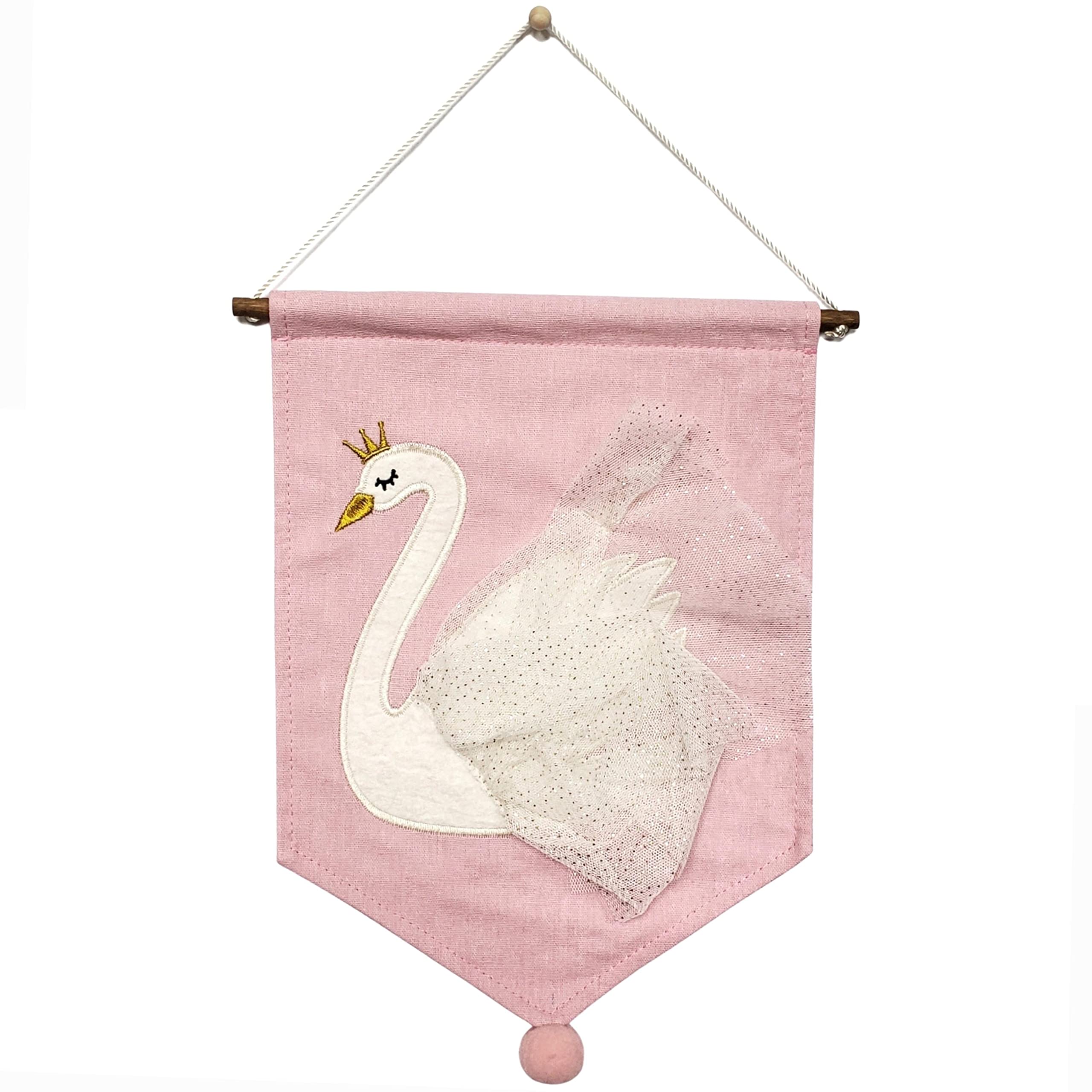 Elegant Princess Swan Embroidered Canvas Wall Banner - Beautiful Nursery Decor for Girls Bedroom, Playroom & Baby Room - Perfect for Birthday Parties, Baby Showers & Princess-Themed Decorations