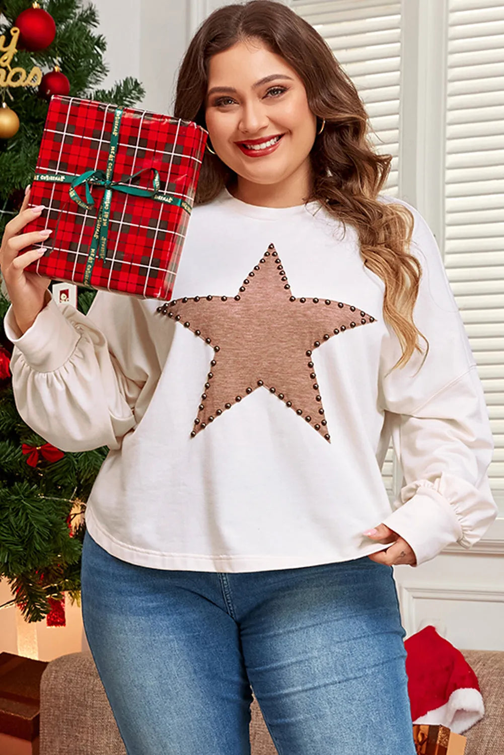 Plus Size Studded Star Round Neck Long Sleeve Blouse for Women - Fashionable & Comfortable Tops for Casual Wear, Office, and Evening Outfits