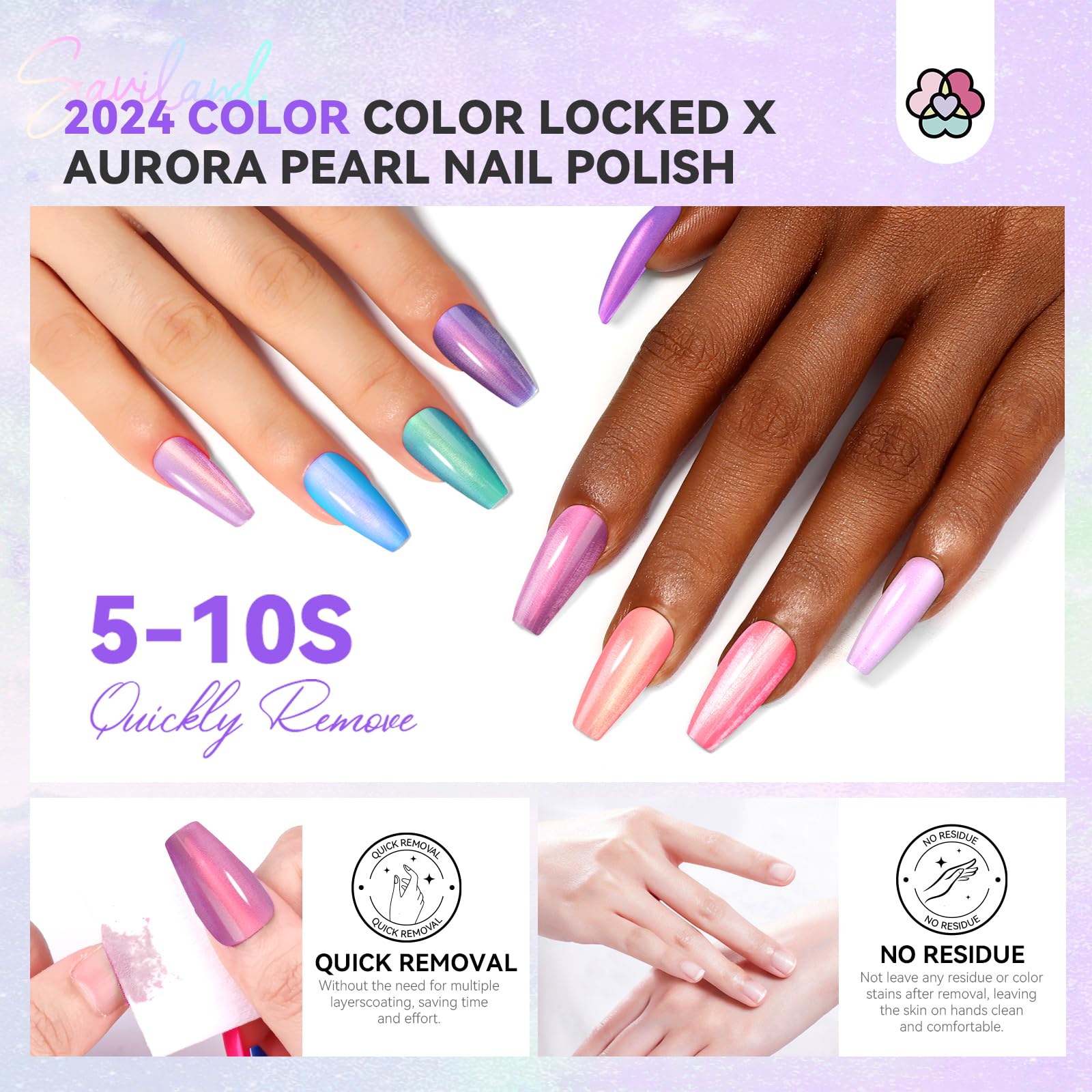 SAVILAND Aurora Nail Polish Set - 12 Colors Shimmer & Holographic Nail Polish (Glossy, Pearl, Duochrome), Quick-Dry Non-Gel Polish with Base & Top Coat, Salon & DIY Manicure Kit for Nail Art, Pedicures, Home & Professional Use