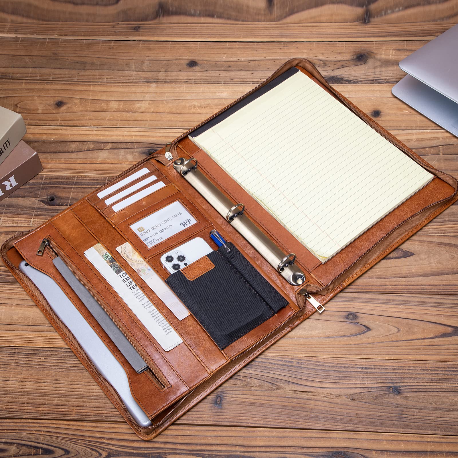 Premium Genuine Full Grain Leather Portfolio with 3-Ring Binder - Zippered A4 Notebook Holder & Laptop Sleeve - Professional Organizer Folder for Men & Women (Brown, Oil-Tanned) - Perfect for Business Meetings, Office Work & Executive Gifts