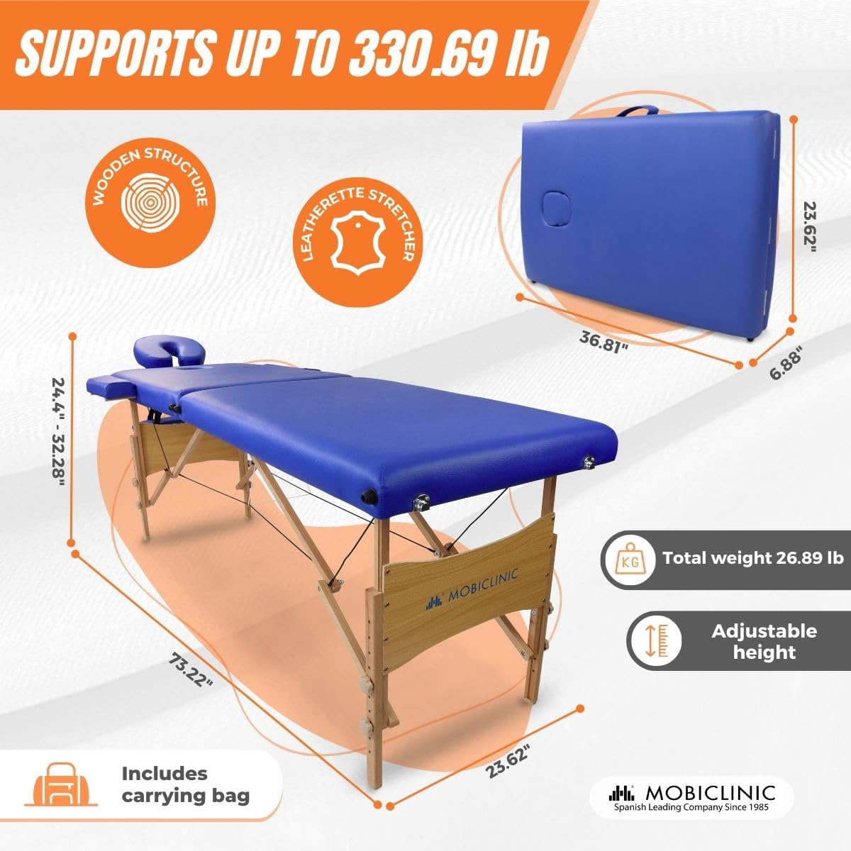 Mobiclinic® Portable Folding Massage Table - 73.23 x 23.62 Inch Adjustable Beauty Spa Bed with Headrest & Carry Bag - 330 lb Capacity Wooden Therapy Table for Professional Massage, Lash Extensions & Physiotherapy - Perfect for Salons, Spas & Home Use