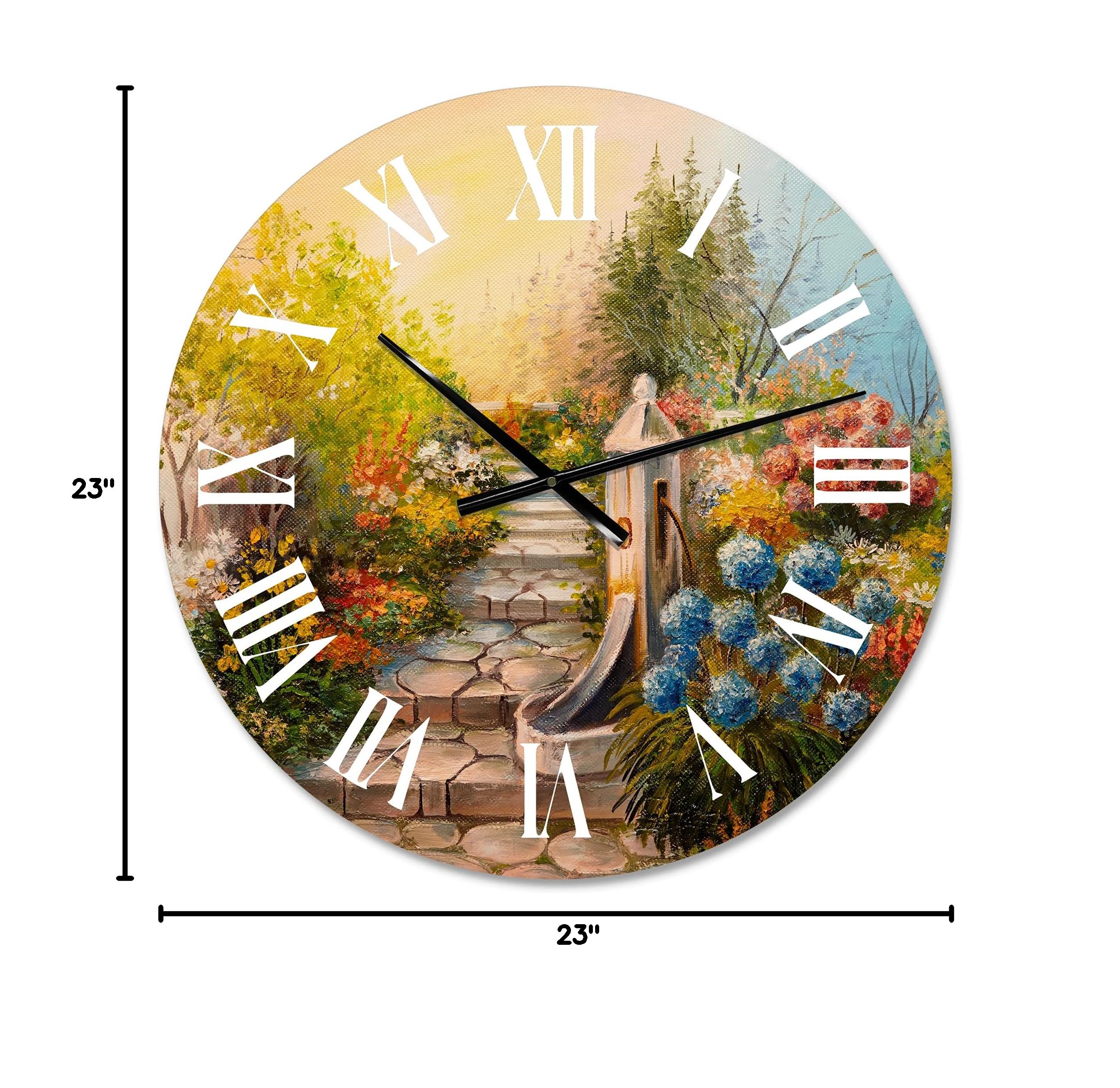DesignQ Traditional Wall Clock 'Stone Stairs in The Blossoming Forest' - Large Landscape Nature Wall Clock for Home & Bedroom Decor - Perfect for Living Room, Office, and Indoor Spaces