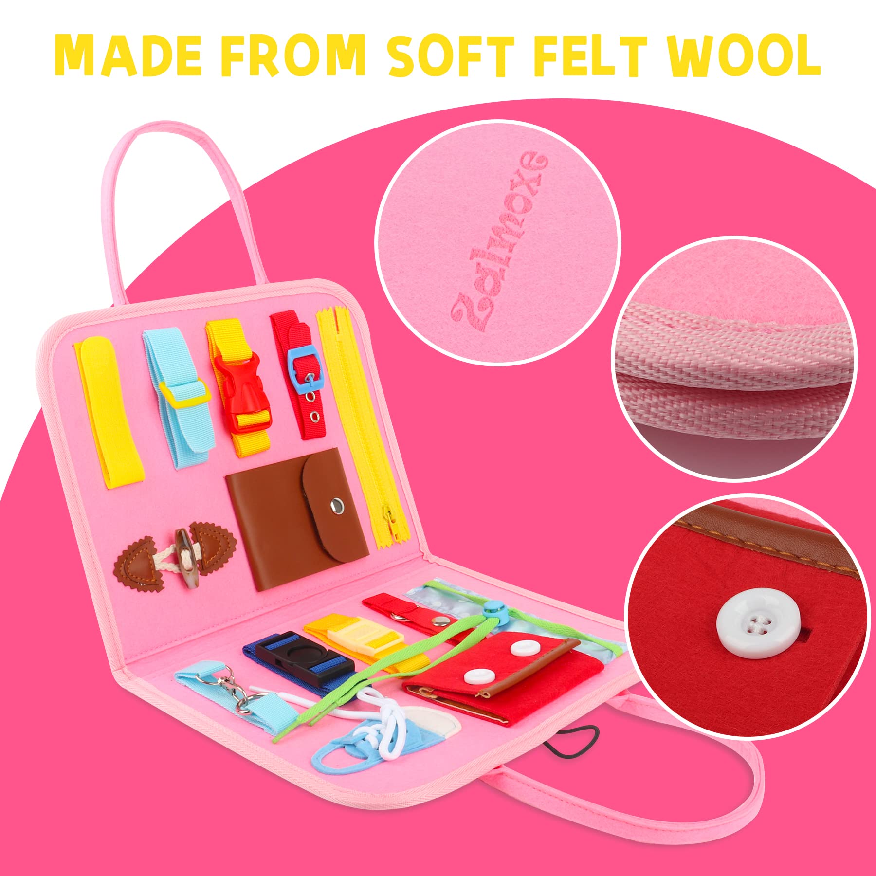Montessori Busy Board for Toddlers 1-4 Years - Sensory Learning Toys with Buckles & Zippers - Educational Dress Skills Activity Board for Boys & Girls - Travel Toys for Airplane & Car Rides - Perfect Gift for Preschoolers (Pink)