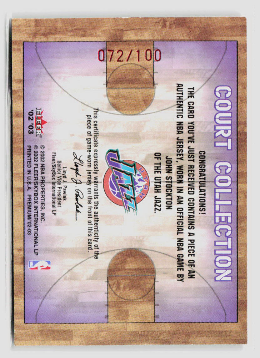 2002 Fleer Court Collection John Stockton Game Worn Jersey #72/100 #072 100 - Authentic NBA Memorabilia for Collectors & Basketball Fans - Perfect for Display, Gifts, and Sports Memorabilia Collections