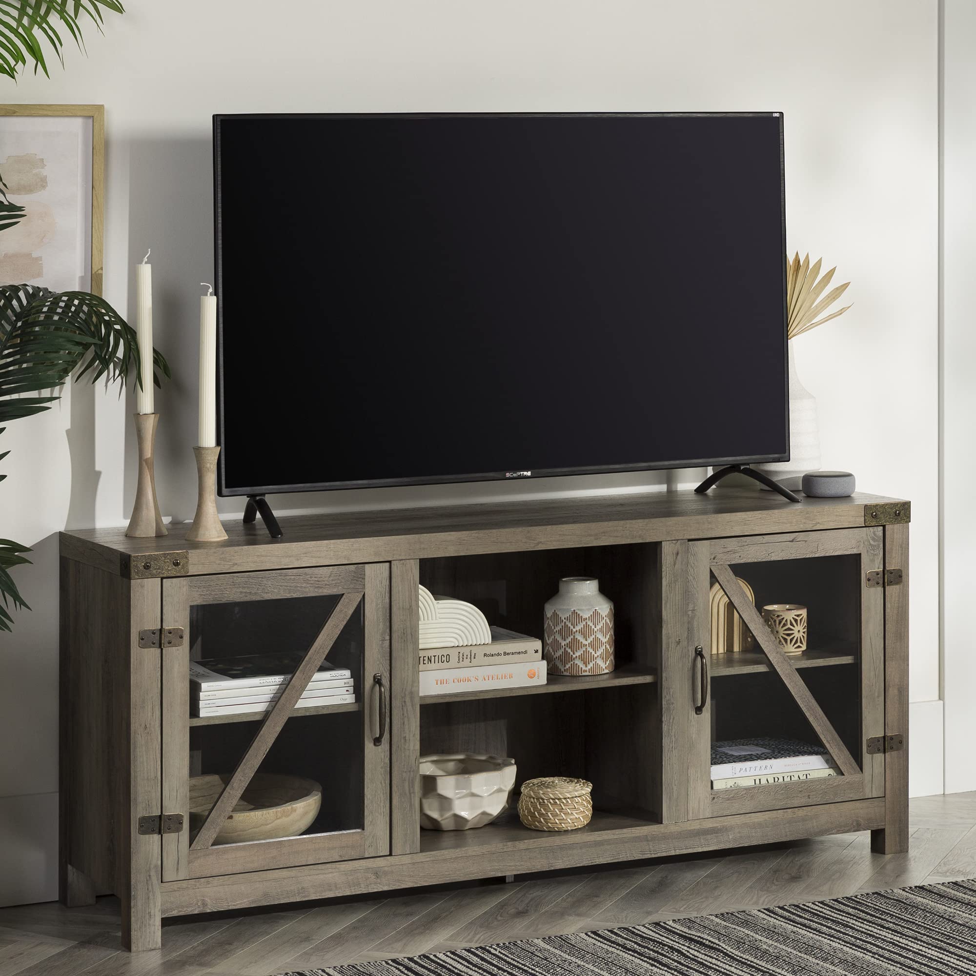 Walker Edison Wesley Modern Farmhouse 65 Inch TV Stand with Glass Doors - Grey Wash Wood Entertainment Center for Living Room, Bedroom & Home Theater