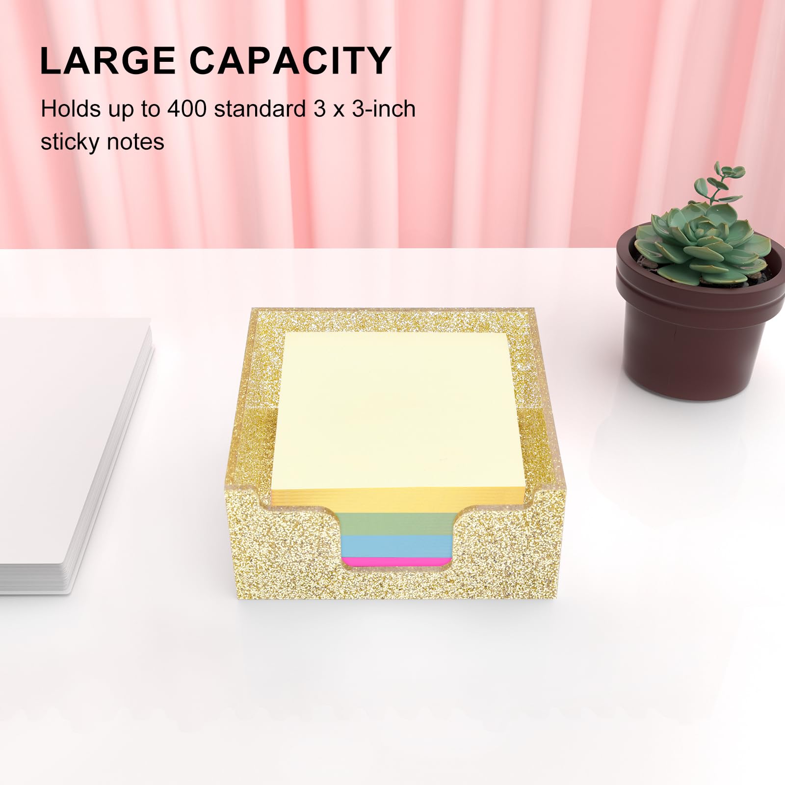 Rouidr Acrylic Sticky Note Holder - 3.94 x 3.94 Inch Glitter Memo Pad Dispenser Organizer for Office, School & Home Desk (Gold) | Perfect for Notes, Reminders & Office Supplies Organization