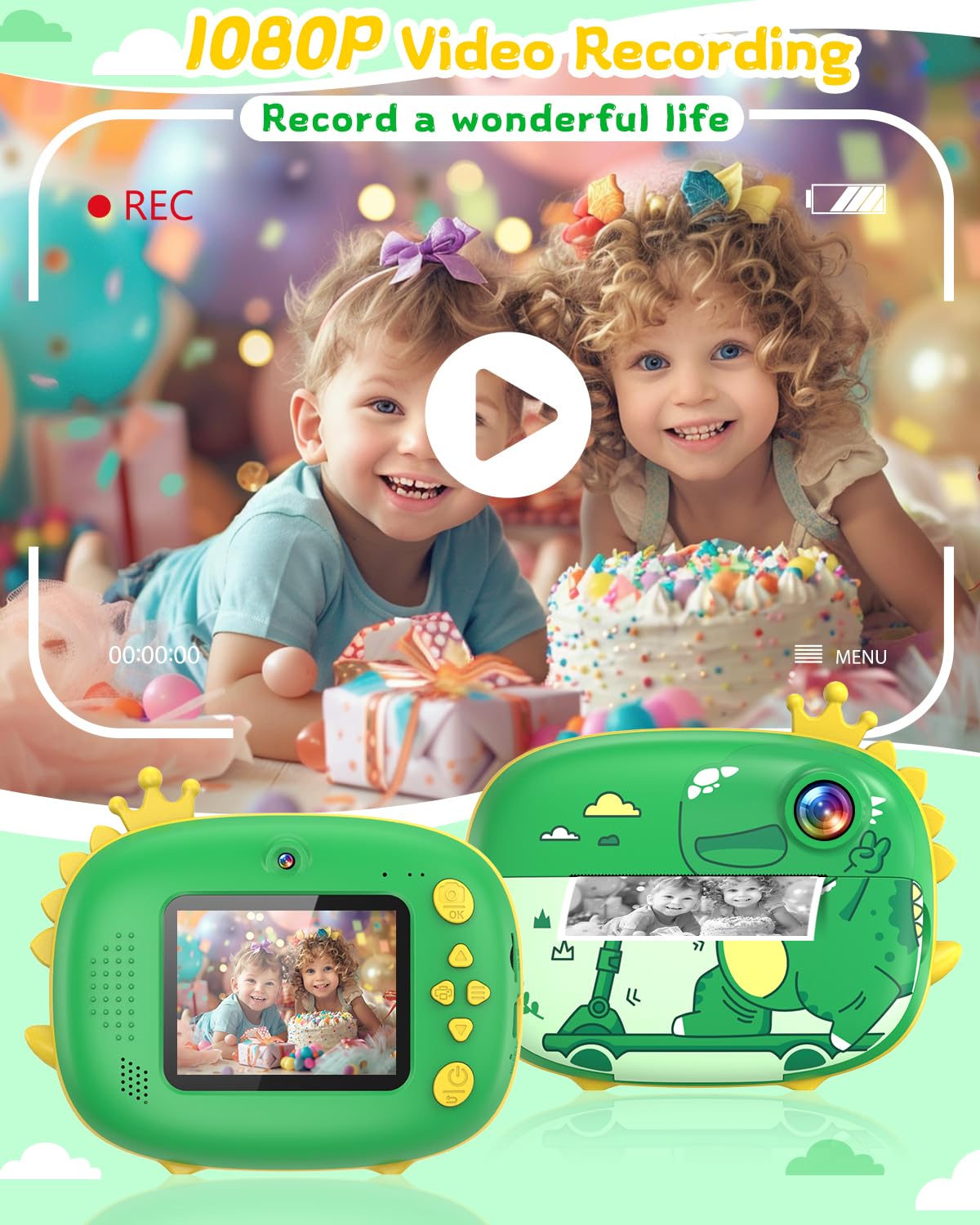 20MP Kids Instant Print Camera with 1080P Video - Ink-Free Dinosaur Toy Camera for Ages 3-10 - Perfect Christmas & Birthday Gift for Toddlers (Green) - Capture Childhood Memories at Parties & Family Events