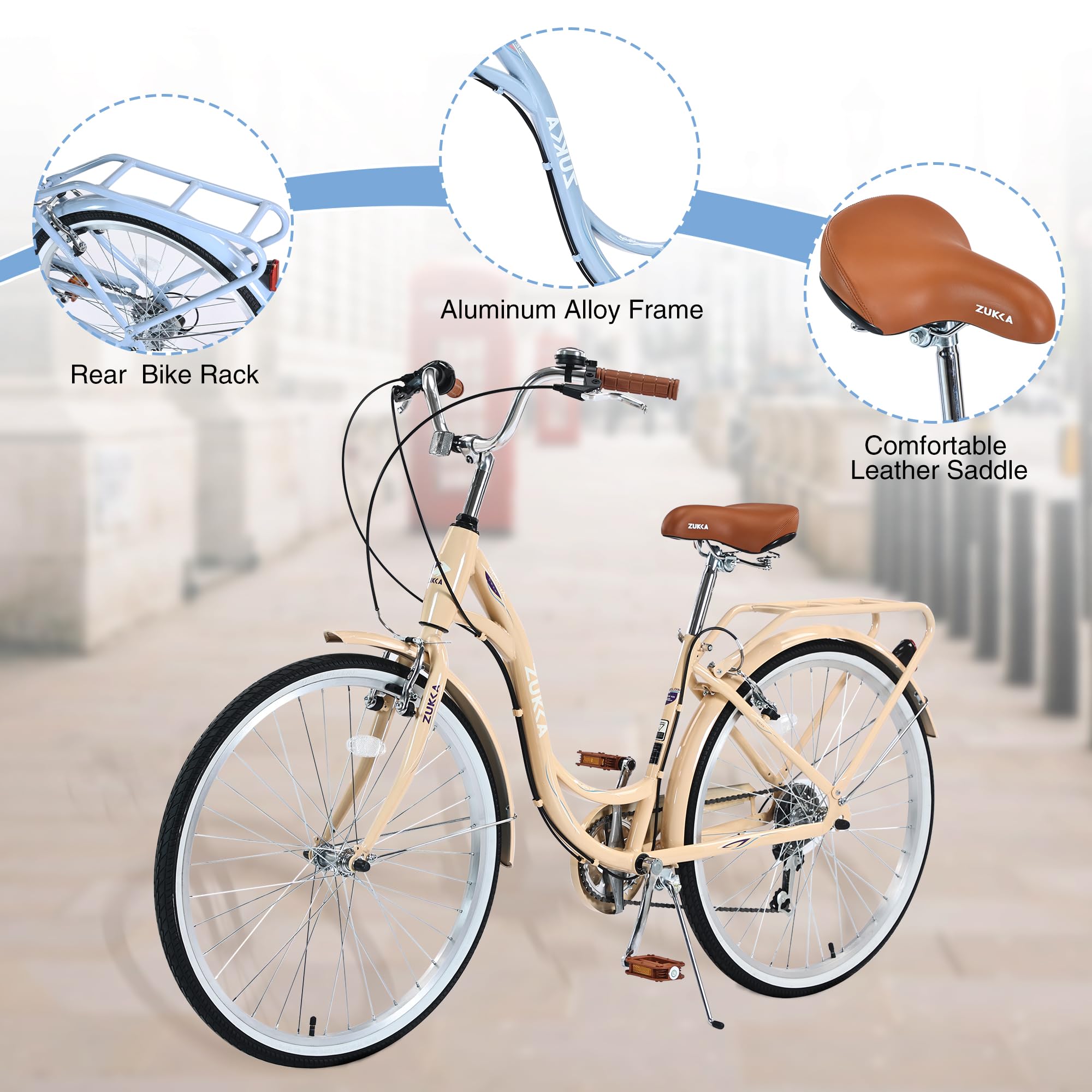 ZUKKA 26 Inch 7-Speed Cruiser Bike for Adults - Adjustable Seat Steel Frame City Commuter Bicycle for Women & Men - Multiple Color Options - Perfect for Urban Riding, Beach Cruising & Daily Commutes