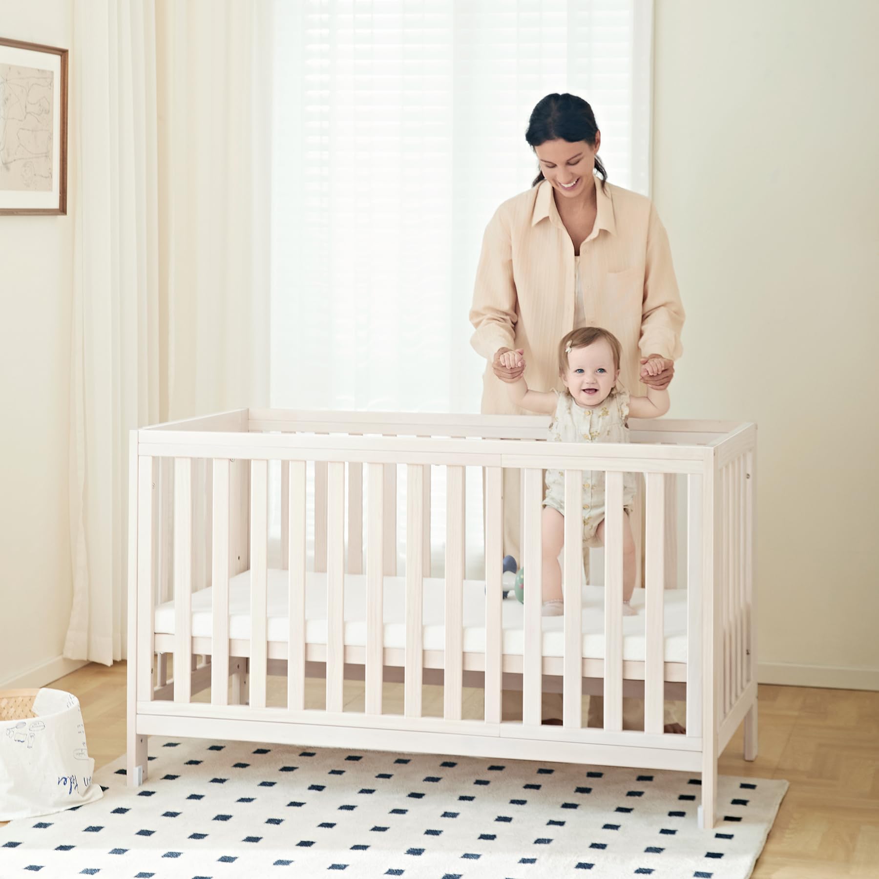 EvoNest 11-in-1 Convertible Baby Crib with Wheels | 100% New Zealand Pinewood | 4 Adjustable Mattress Heights | Washable Natural Finish | Mini Crib for Nursery, Bedroom & Small Spaces