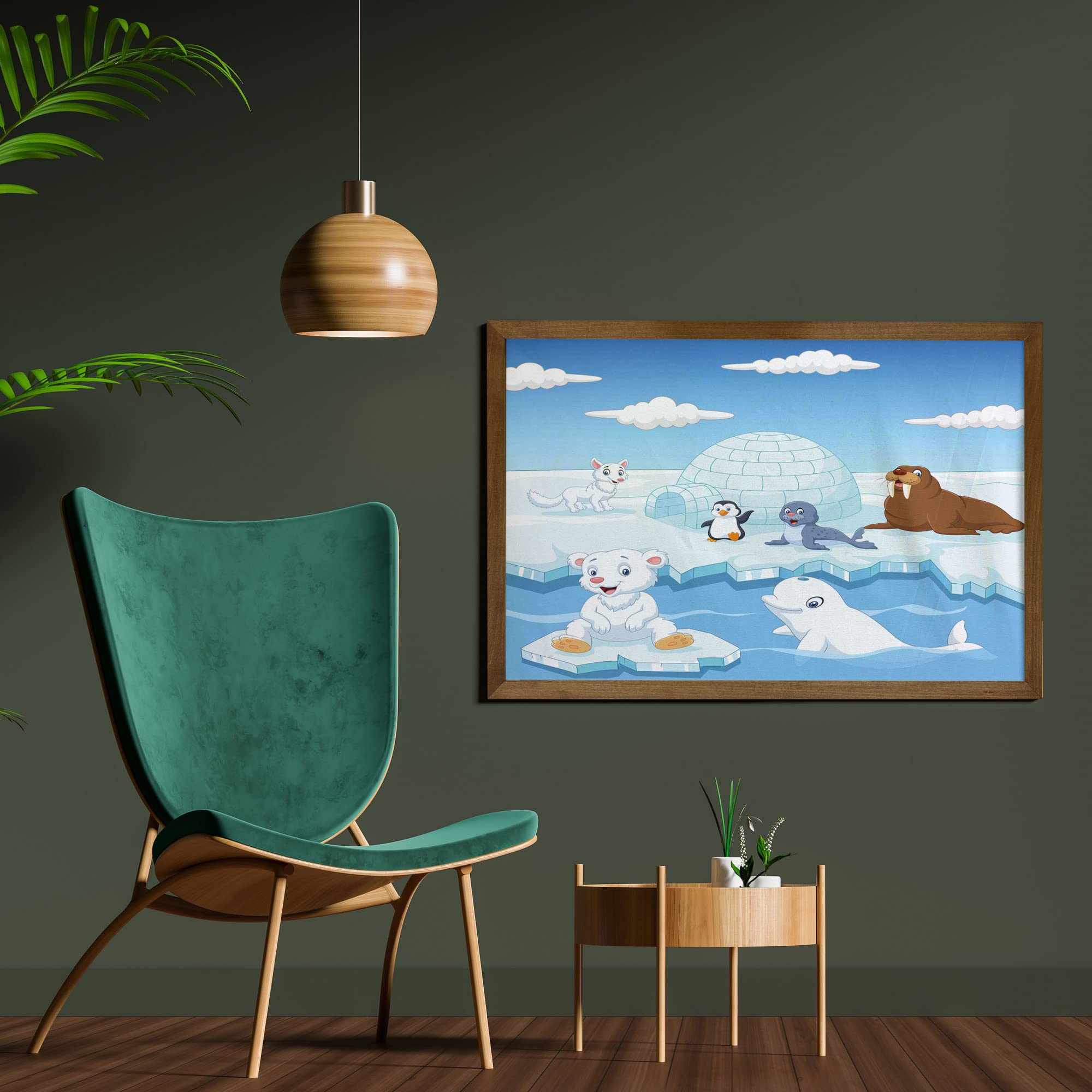 Ambesonne Arctic Animals Framed Wall Art - Polar Bears, Seals, Penguins, Wolves & Whales Canvas Print - 35x23 Inch Sky Blue & White Fabric Decor with Teak Wood Frame - Perfect for Living Room, Bedroom & Dorm Decor
