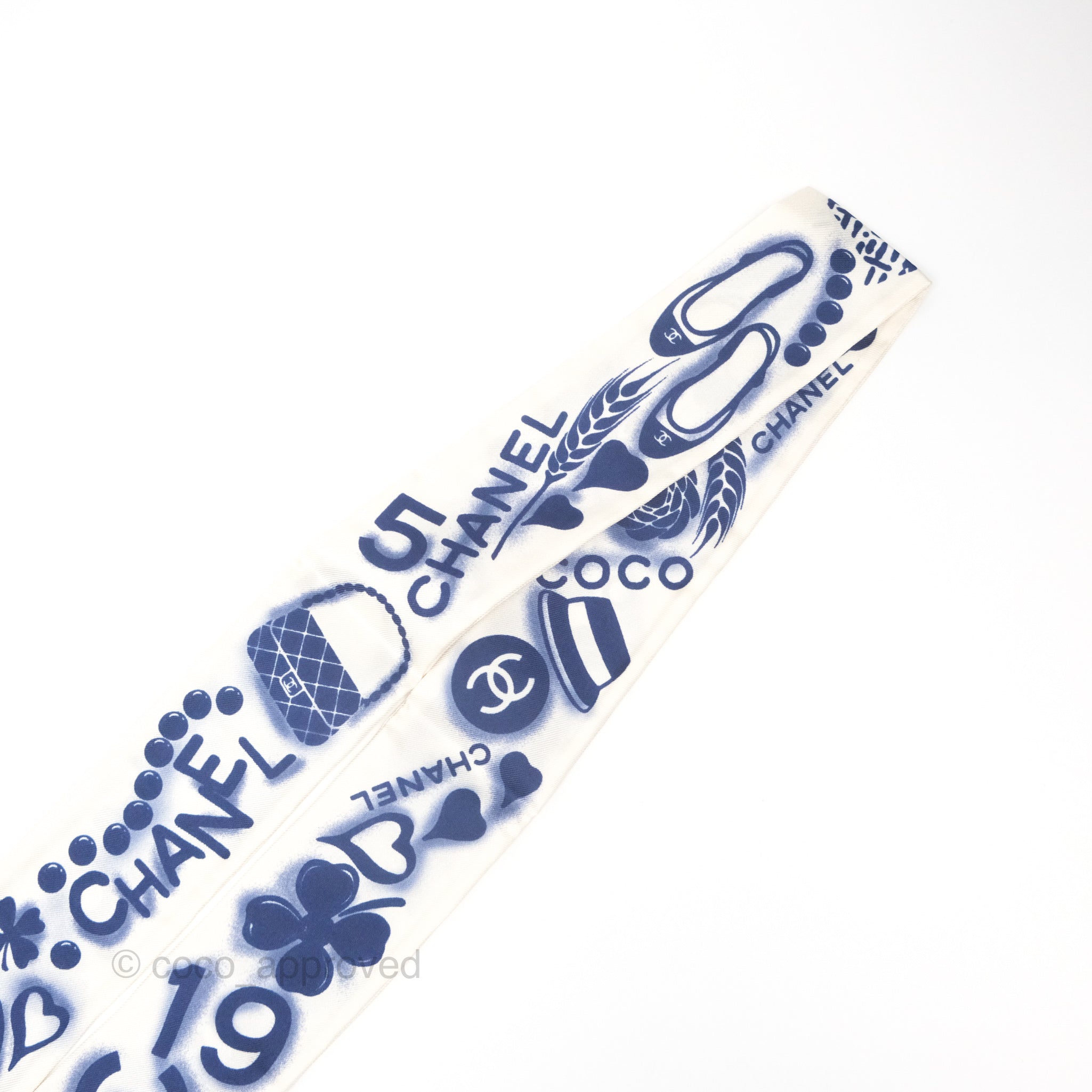 Chanel CC Silk Twilly Scarf - Blue & White Striped Luxury Fashion Accessory for Women | Perfect for Handbags, Hats & Gift Giving
