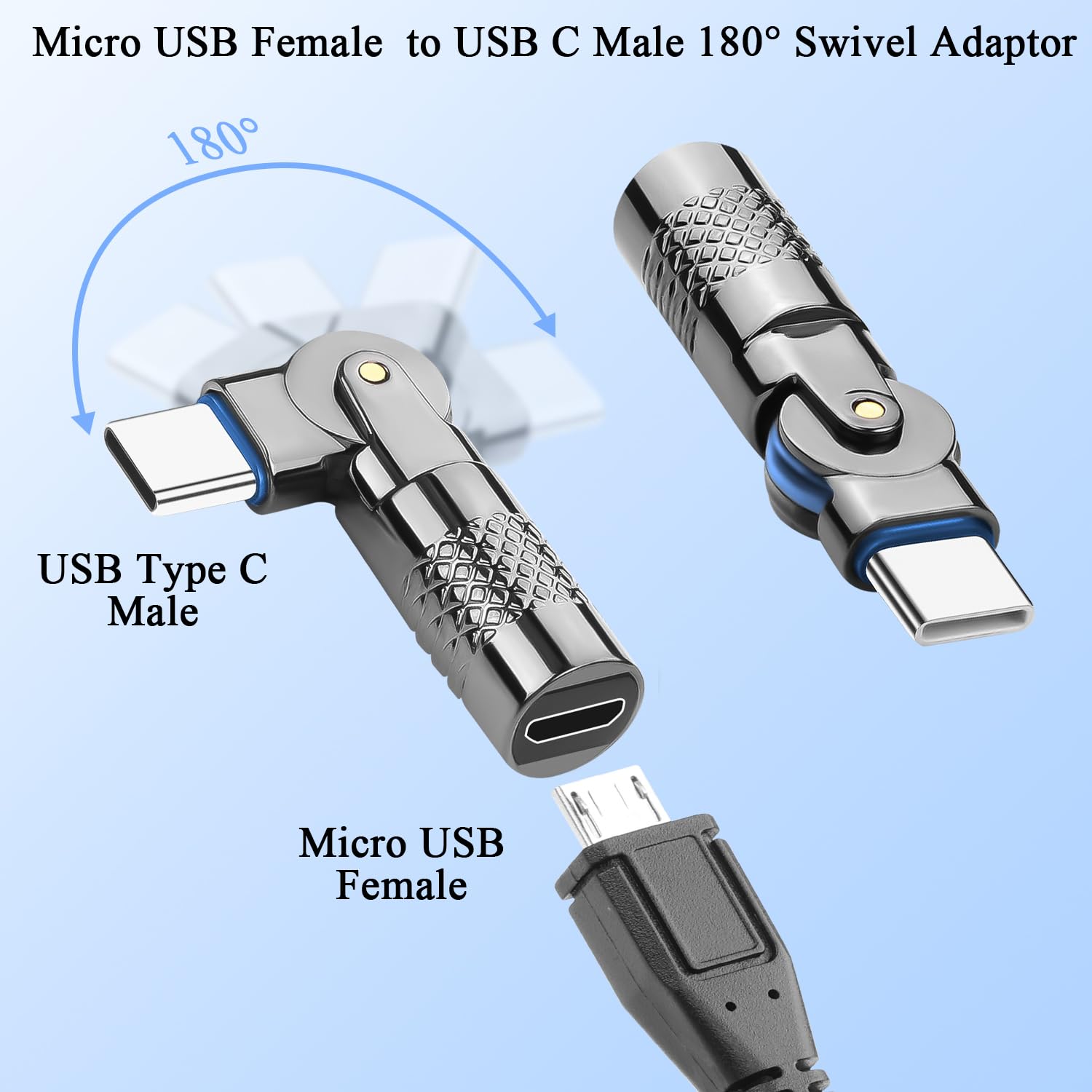 QIANRENON Micro USB to USB C Adapter 180° Rotatable - Micro USB Female to Type C Male Converter with LED Light (5V 3A, 480Mbps, Metal Shell) - 2 Pack - Perfect for Charging Phones, Tablets & Data Transfer