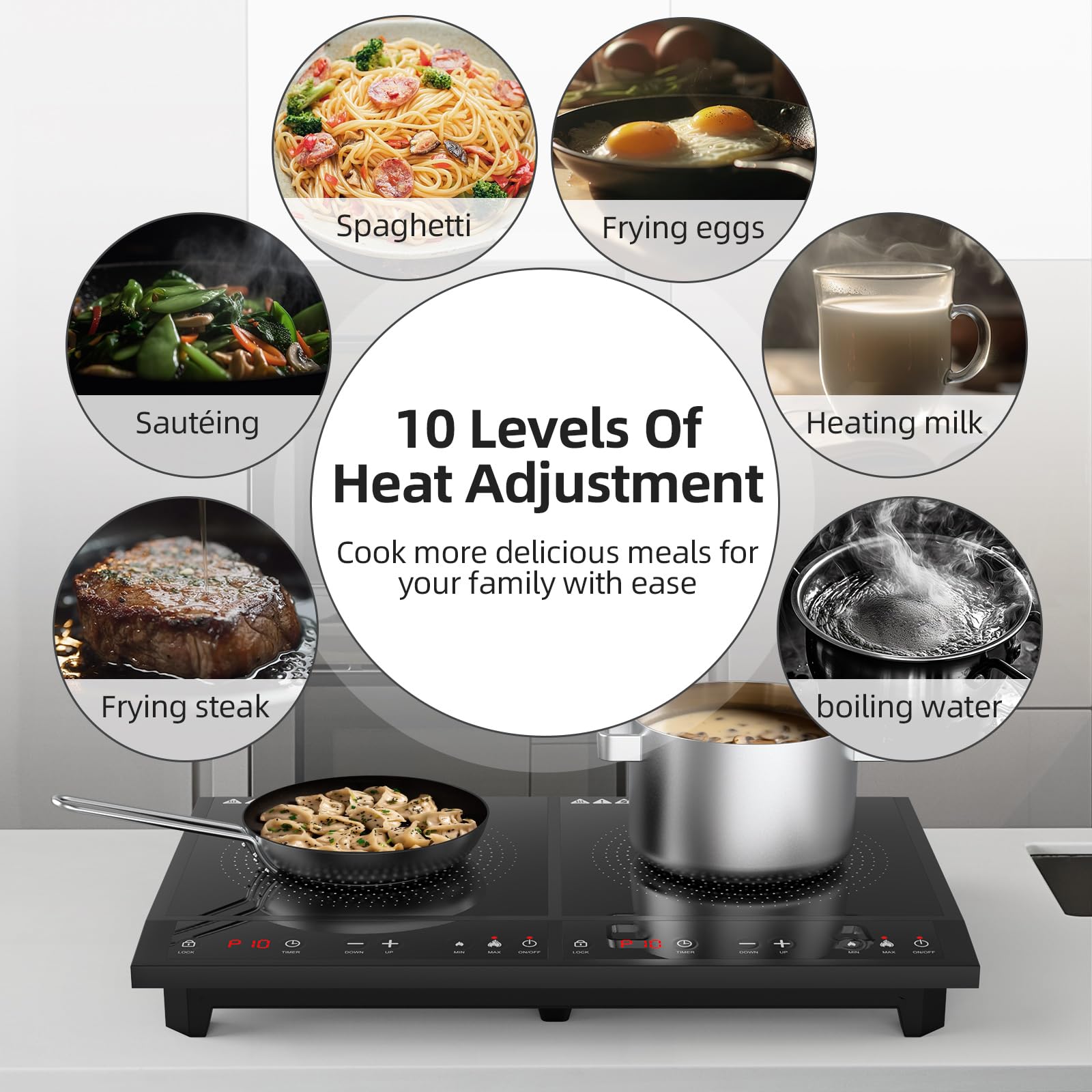 Double Induction Cooktop with 2 Burners - 1800W Portable Induction Cooker with Independent Controls, 10 Temperature Settings, Ultrathin Design, 3-Hour Timer & Safety Lock - Perfect for Home Kitchen, RV Cooking, Dorm Room & Outdoor Use