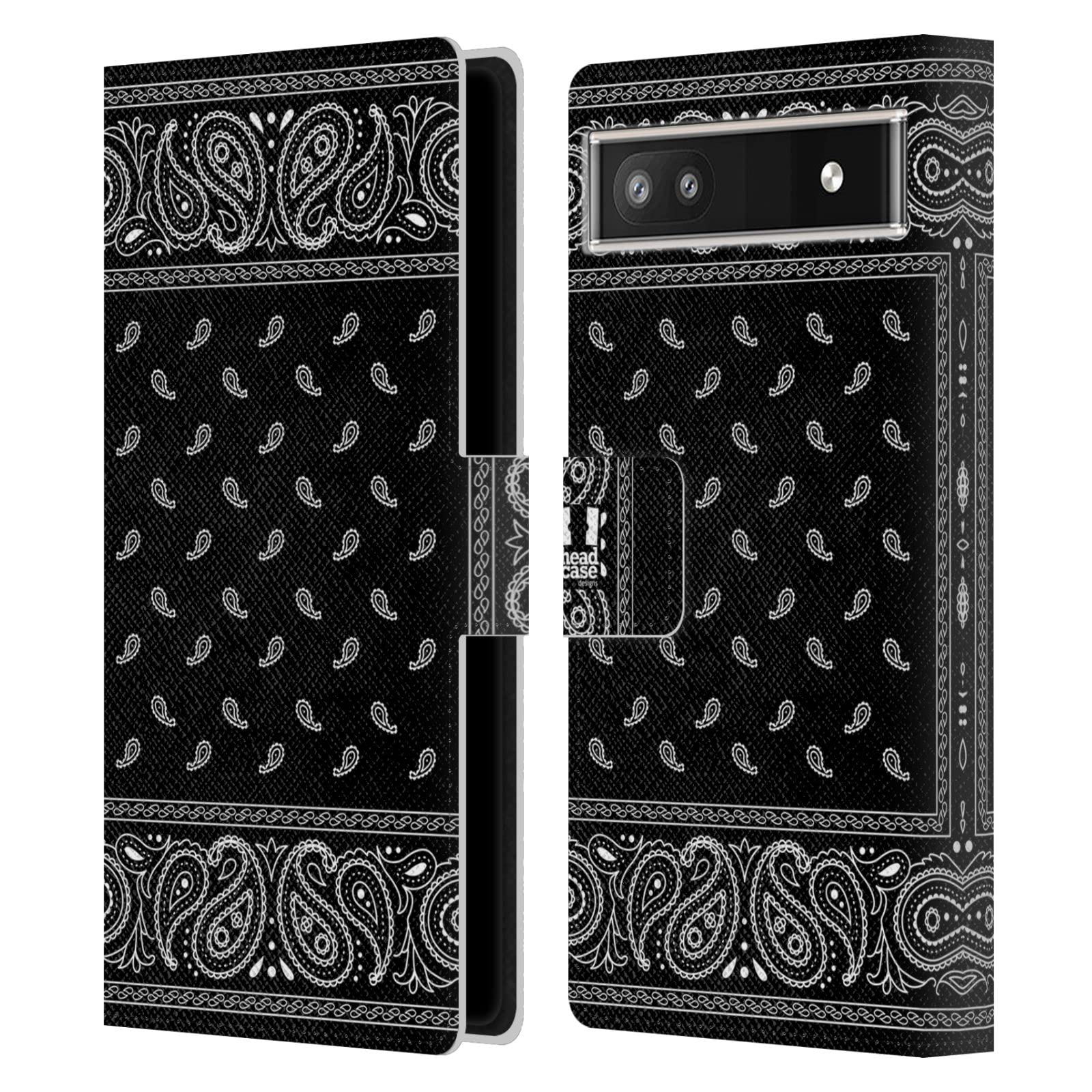 Square Black Paisley Leather Wallet Case for Google Pixel 6a - Stylish & Protective