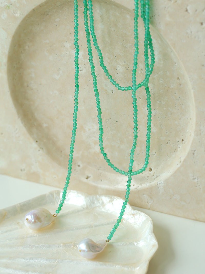 Extra Long Lariat Necklace with Natural Green Agate & Freshwater Pearl Pendant - Elegant Boho Layering Jewelry for Women, Perfect for Weddings, Date Nights & Special Occasions