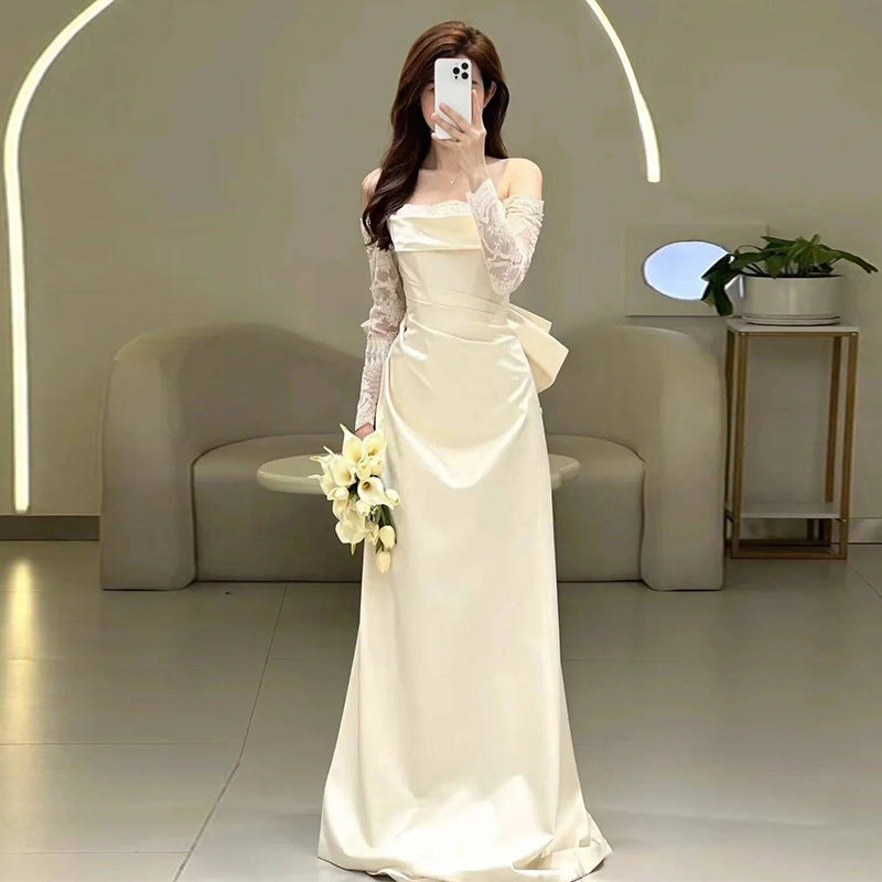 2025 Elegant One-Shoulder Long Sleeve Lace Wedding Dress - High-End White Satin Evening Gown for Banquets, Social Events & Bridal Parties | Perfect for Brides, Prom, Cocktail Dresses & Formal Occasions