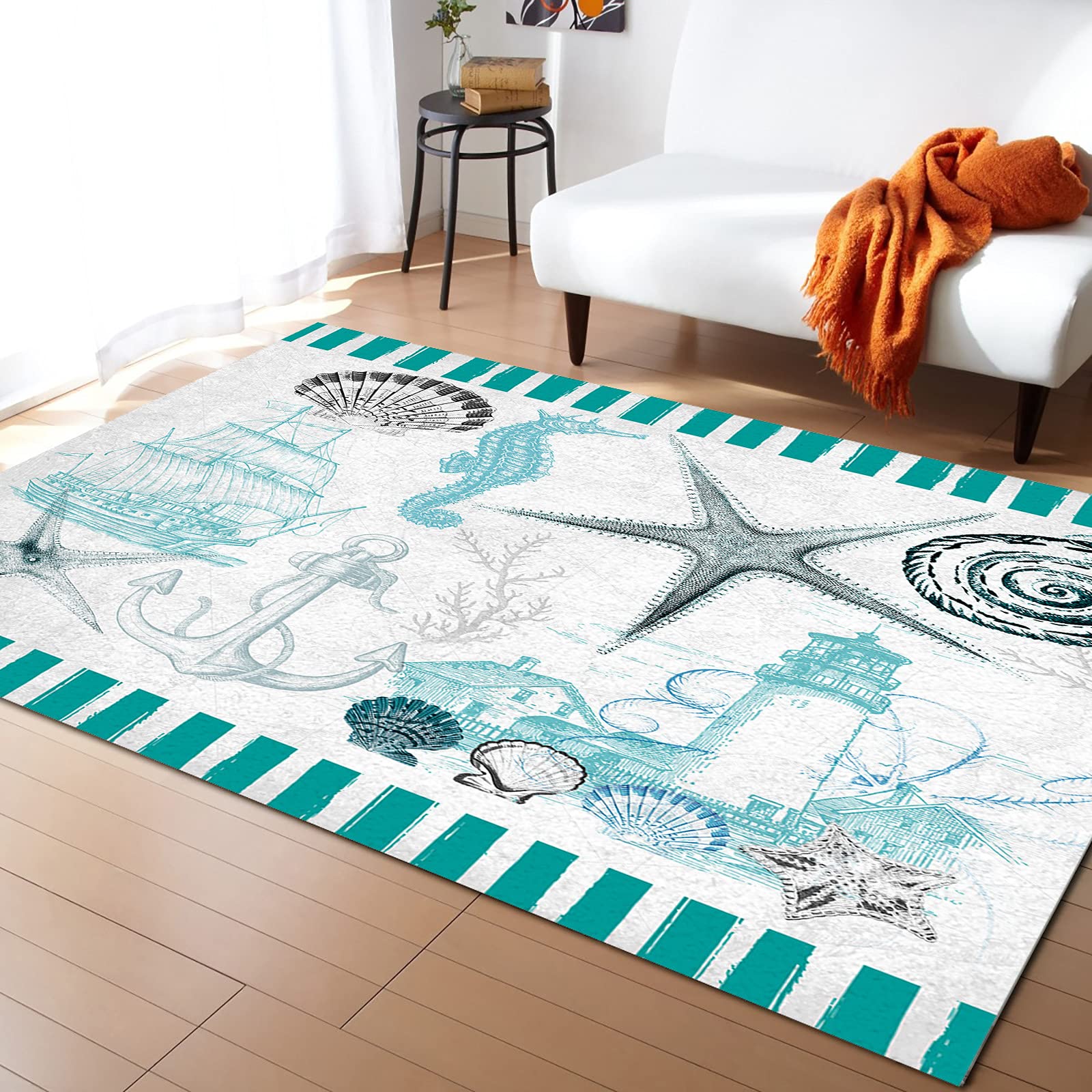 5' x 7' Modern Large Non-Slip Area Rug - Handmade Ocean Theme with Seashells, Starfish & Seahorse Design - Washable Vintage Blue Floor Mat for Bedroom, Living Room, Kitchen & Outdoor Use - Perfect for Coastal Decor, Beach House Style & Boho Chic Interiors