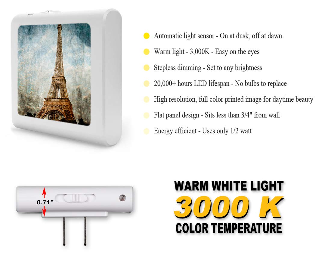 Dimmable LED Night Light with Auto On/Off Sensor - Adjustable Brightness Warm White Plug-in Nightlight for Bathroom, Hallway, Nursery & Bedroom - Eiffel Tower Design | Perfect for Nighttime Safety & Décor