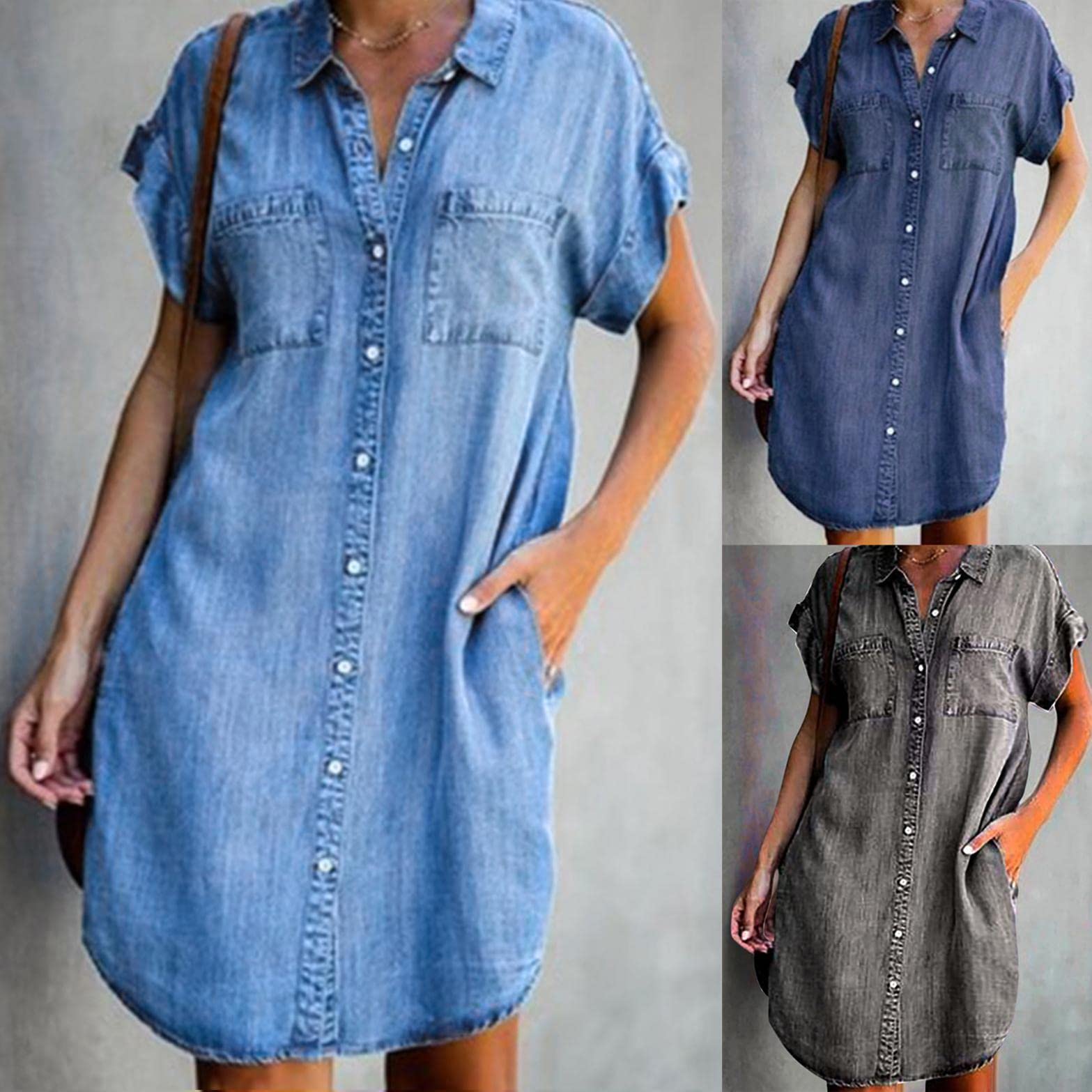 RKSTN Women's Loose Fit Denim Button Down Dress - Casual Short Sleeve Midi Dress for Summer | Perfect for Beach Outings, Weekend Brunch & Casual Office Wear