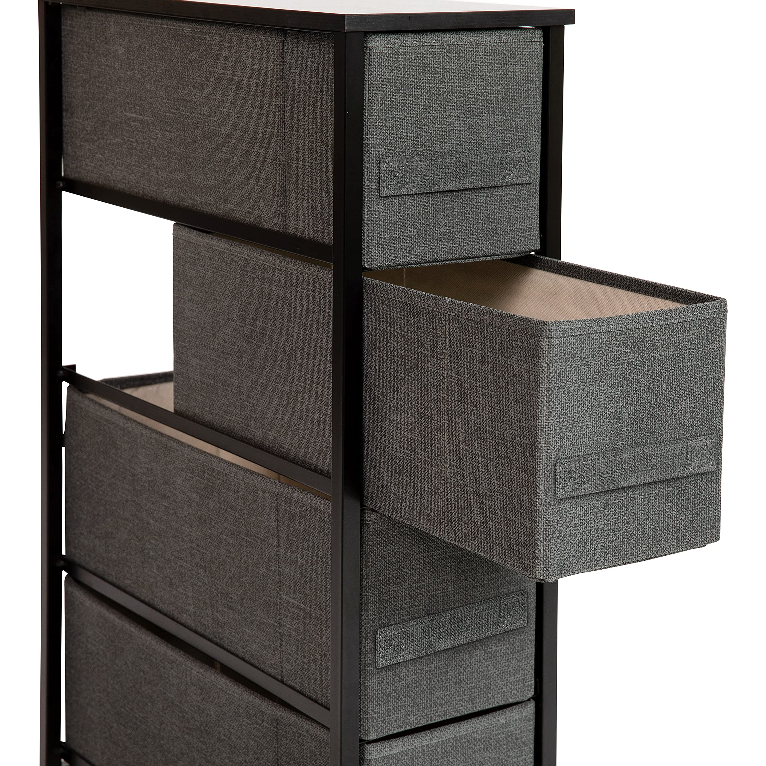 Emma & Oliver 4-Drawer Slim Dresser Storage Tower - Black Wood Top & Gray Fabric Drawers for Bedroom, Closet, or Nursery Organization