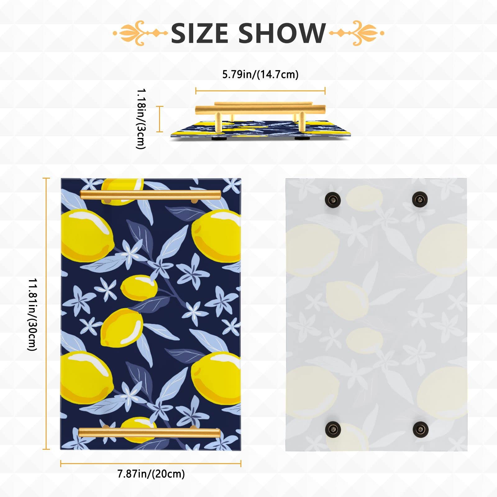 Yellow Lemons Vanity Tray with Gold Handles - Floral Leaf Decorative Tray for Perfume, Jewelry & Coffee - Makeup Organizer for Dresser, Bedroom & Kitchen - Perfect for Home Decor & Gift Giving