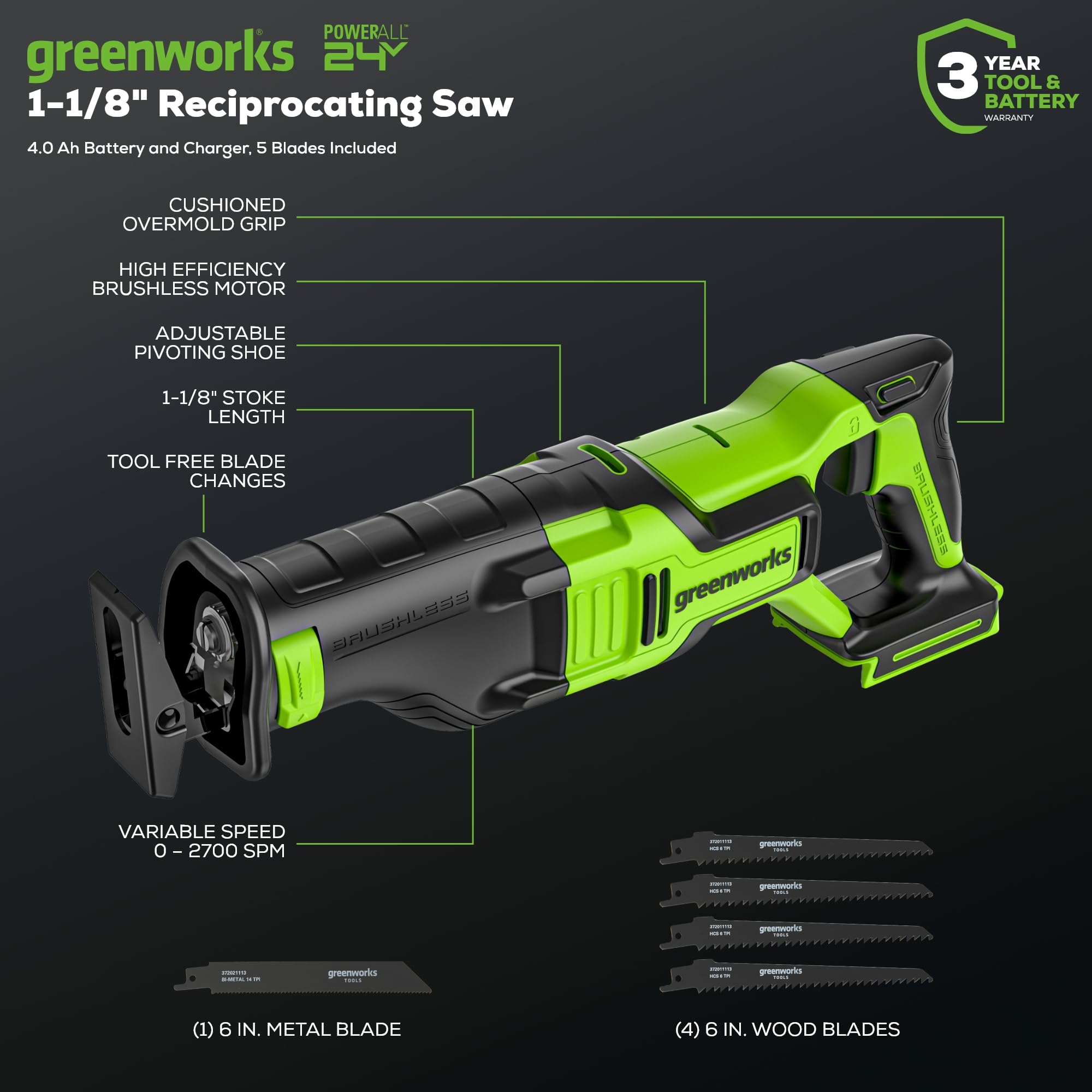 Greenworks 24V Brushless Cordless Reciprocating Saw - Compact Design, 1-1/8