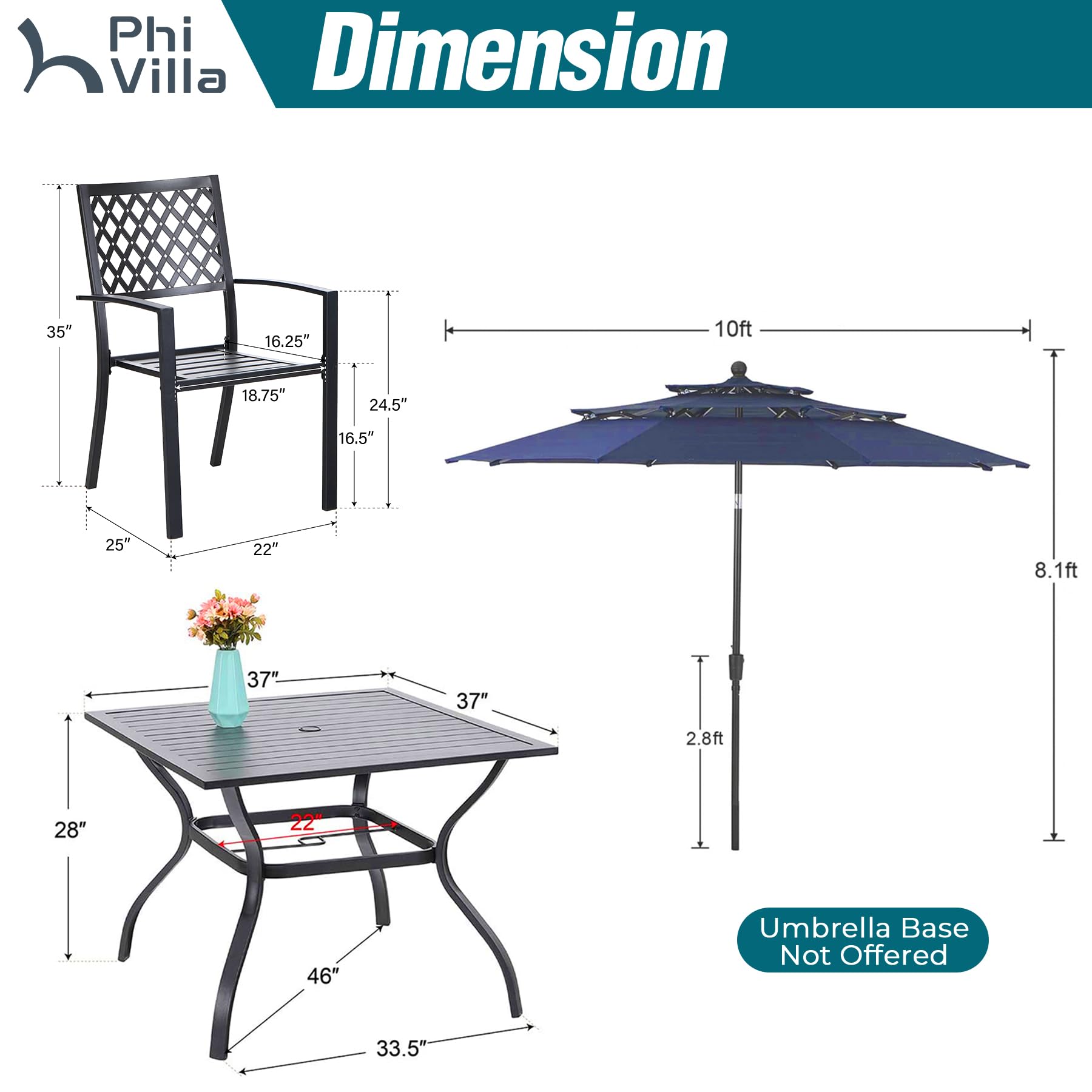 PHI VILLA 6-Piece Outdoor Dining Set with 4 Stackable Metal Chairs, 1 Square Table & 10ft 3-Tier Umbrella (Navy Blue) - Patio Furniture for Backyard, Deck, Garden, Poolside & Outdoor Entertaining