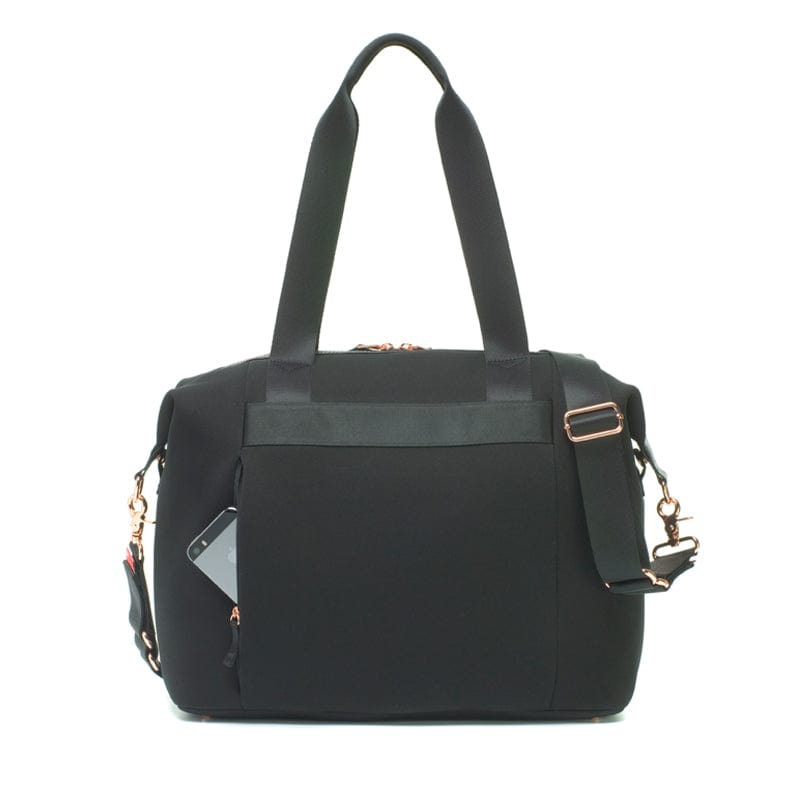 Storksak Stevie Luxe Diaper Bag - Waterproof Scuba Black Backpack for Moms - Perfect for Baby Essentials, Travel & Daily Use