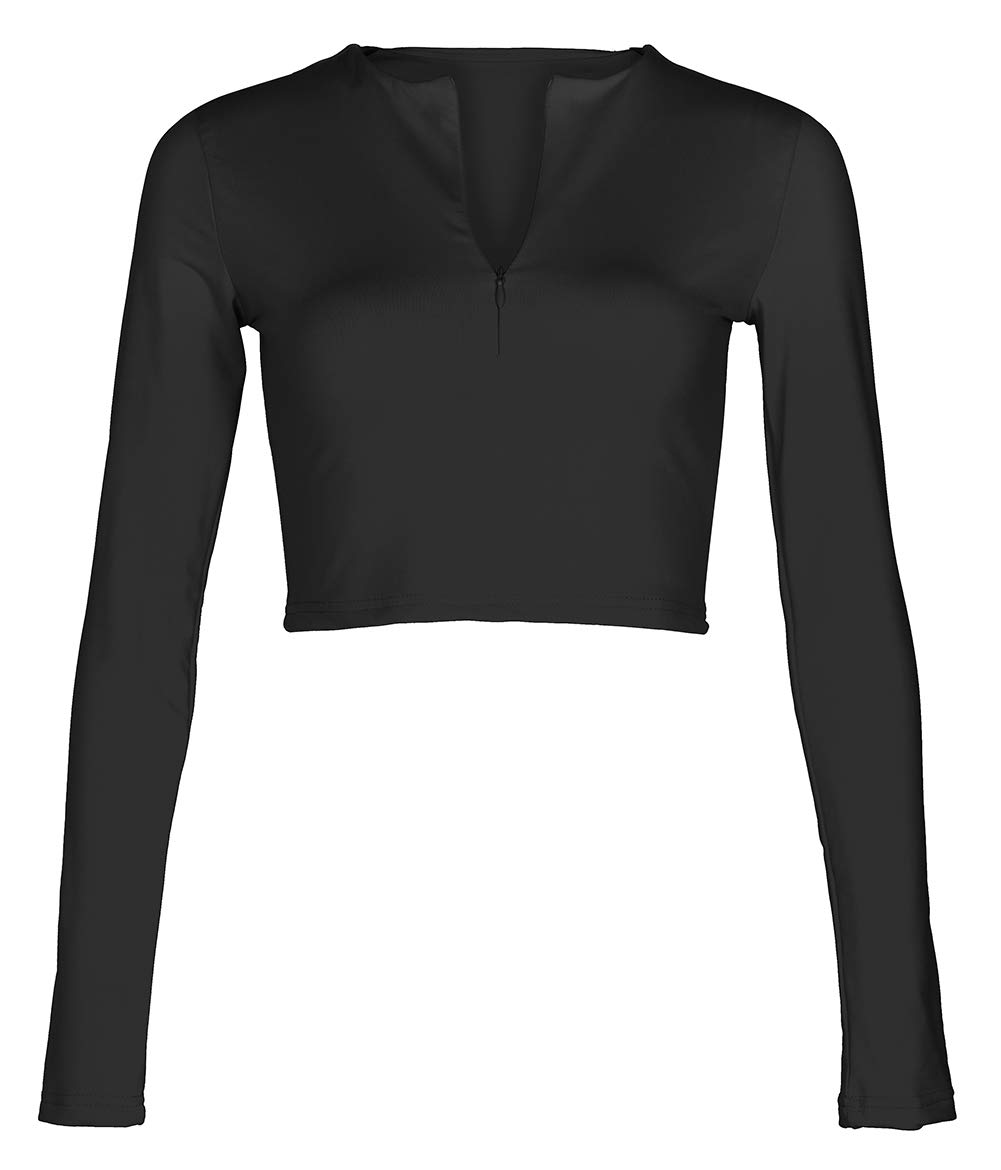 Artfish Women's Long Sleeve Quarter Zip Fleece-Lined Crop Top - Soft V-Neck Fitted Shirt for Winter, Yoga, Gym & Casual Outfits