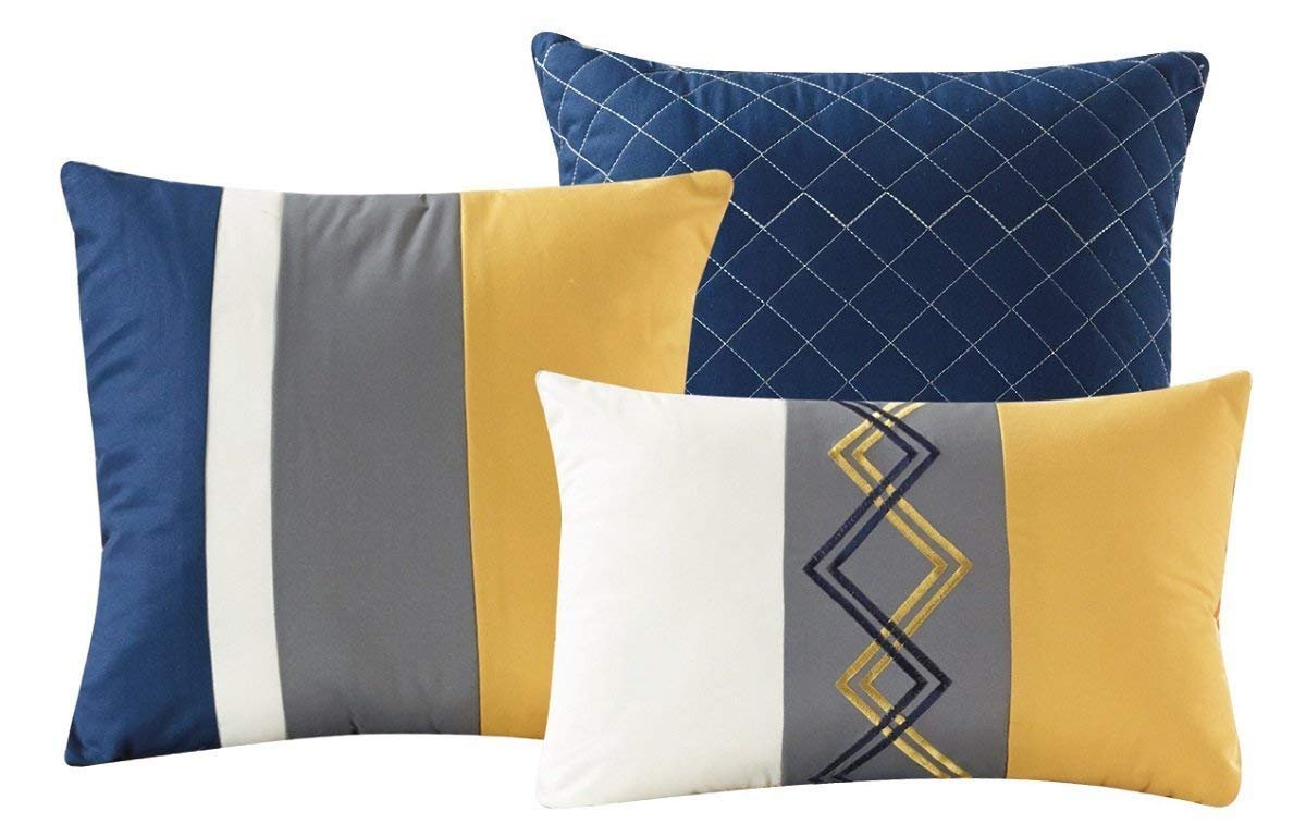 Chezmoi Collection Arden 7-Piece Modern Pleated Stripe Embroidered Zigzag Bedding Comforter Set - California King Size, Navy Gray Yellow White - Luxury Bedroom Decor for Guest Rooms & Master Suites