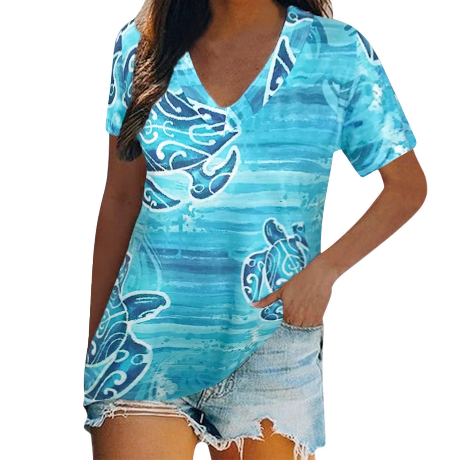 Women's Summer Short Sleeve V-Neck Tie-Dye Printed T-Shirt - Casual White Tee for Women | Perfect for Beach Outings, Music Festivals & Everyday Wear