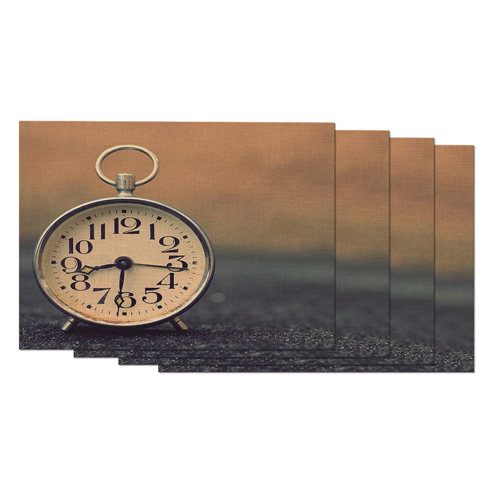 Vintage Retro Alarm Clock Printed Cotton Linen Placemats Set of 4 - 12x18 Inch Table Mats for Dining, Kitchen & Home Decor - Perfect for Breakfast, Dinner Parties and Vintage Theme Photography Backdrops