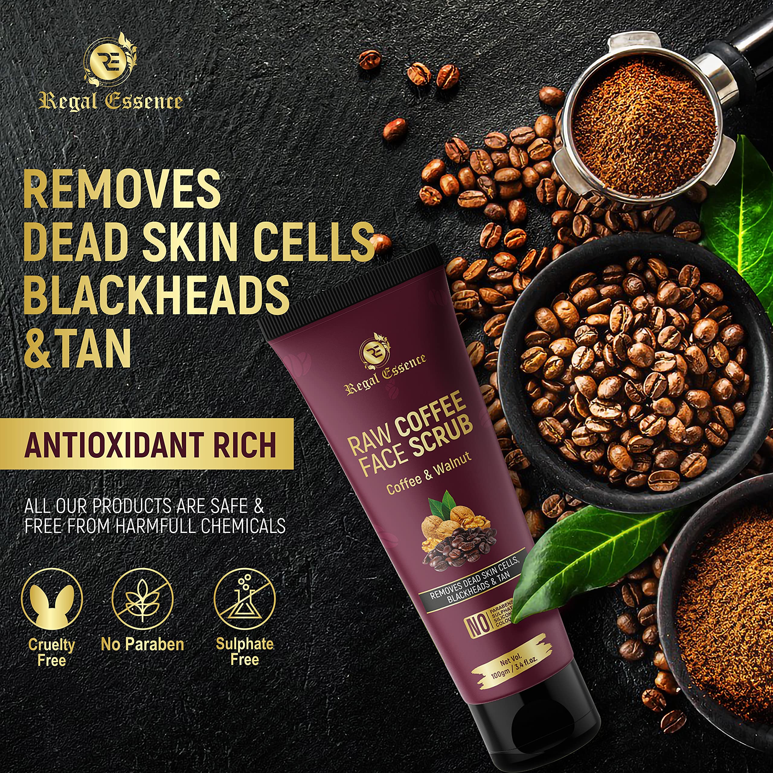 Regal Essence Exfoliating Coffee Face & Body Scrub for Women & Men - Natural Walnut & Vitamin E Polish for Dead Skin, Blackheads & Whiteheads Removal - Detan & Brighten for Glowing Skin - 100g (Pack of 1) | Perfect for Daily Skincare Routine & Spa Treatment at Home