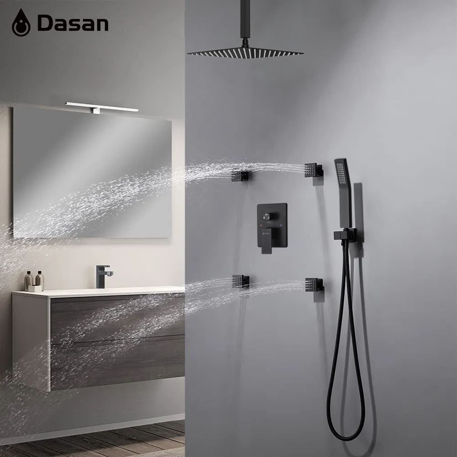 Matte Black Shower System with 4 Body Spray Jets, 12’’ Rainfall Ceiling Shower Head & Handheld Spray - DASAN Full Body Shower Faucet Combo Set (SA-SS03BMB-S12C) for Luxurious Spa-Like Bathroom Experience