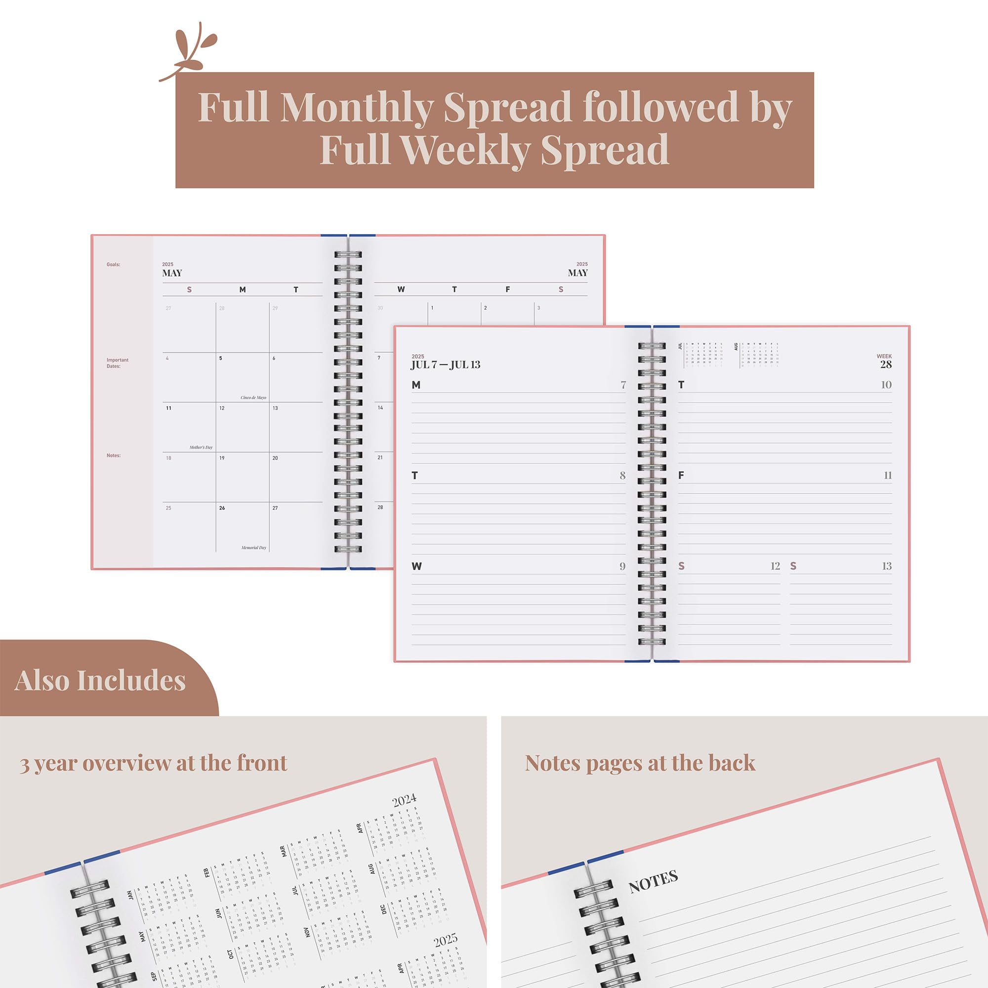 Riley's 2024-2025 Academic Planner | 18-Month Weekly & Monthly Organizer with Twin-Wire Binding | Durable Cover & Notes Pages | 8.3 x 5.9 Inch Pink Student Planner | Perfect for College, School & Work Schedule Planning