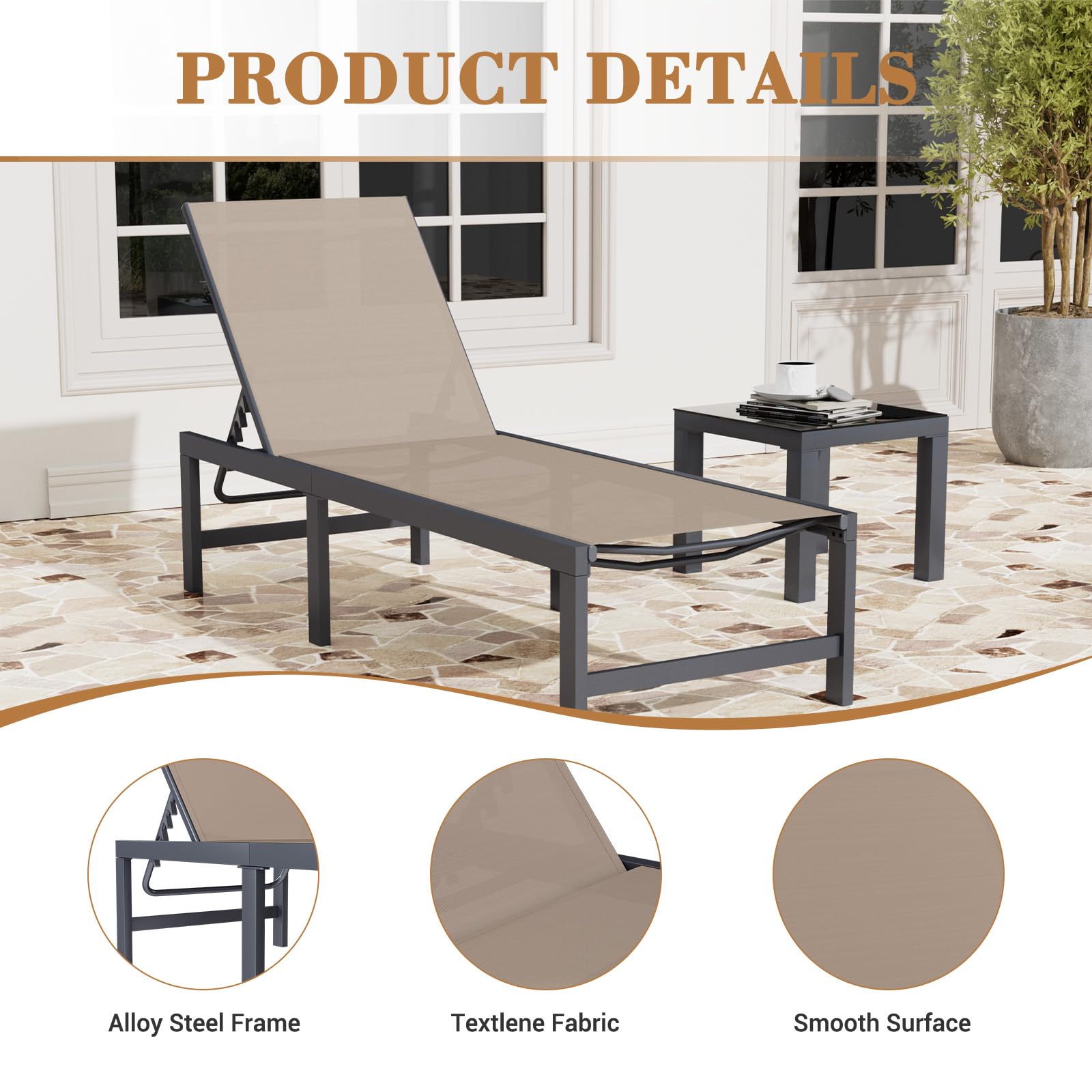 UDPATIO 3-Piece Outdoor Chaise Lounge Set with Adjustable Sun Lounger & Table - Patio, Poolside, Beach, and Yard Furniture for Relaxing & Sunbathing (Brown) - Perfect for Backyard, Resort, and Vacation Home Use
