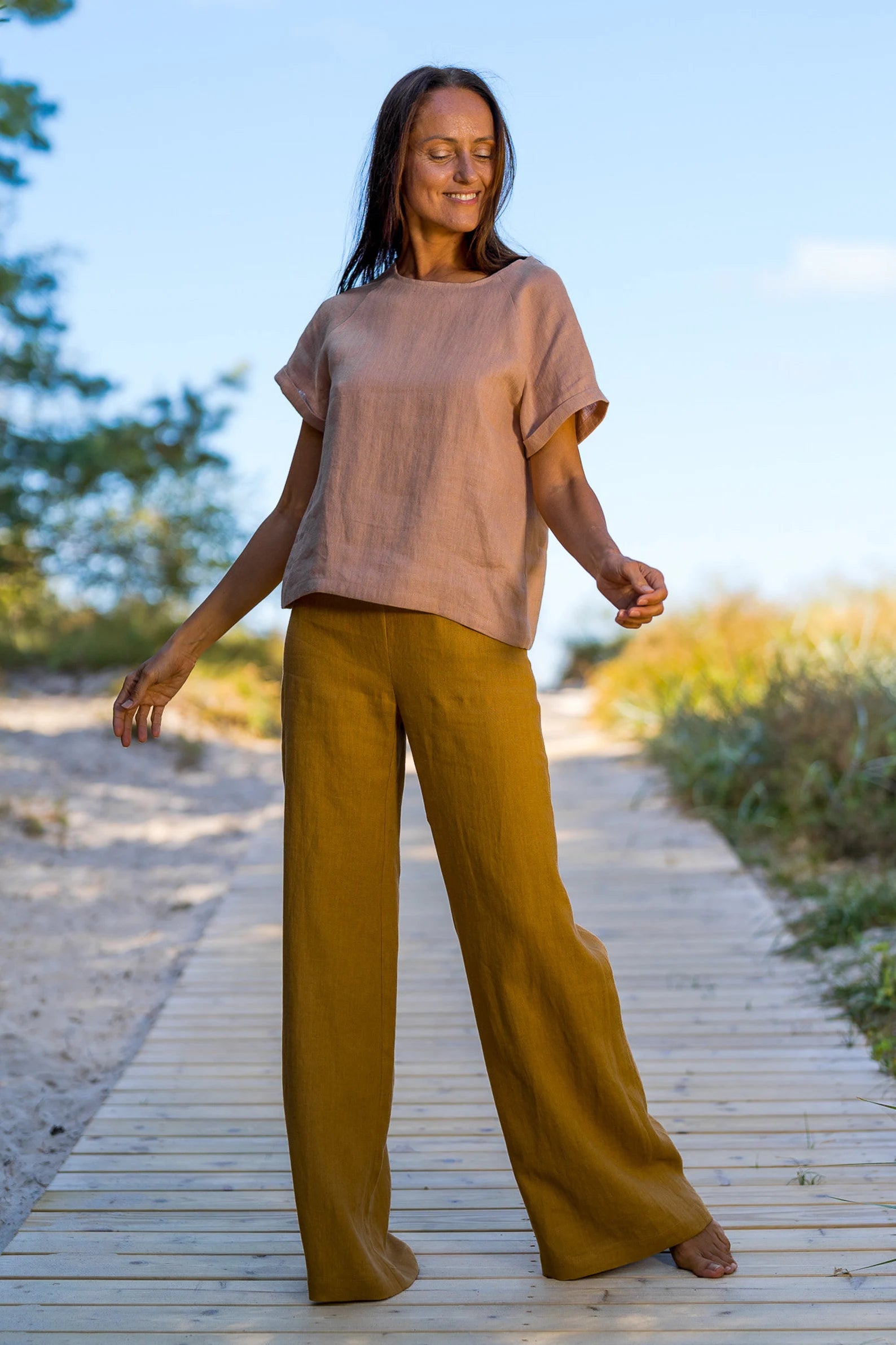KLARA Linen Palazzo Pants for Women - Comfortable Wide Leg Trousers in Amber Yellow | Perfect for Summer, Beach, and Casual Wear