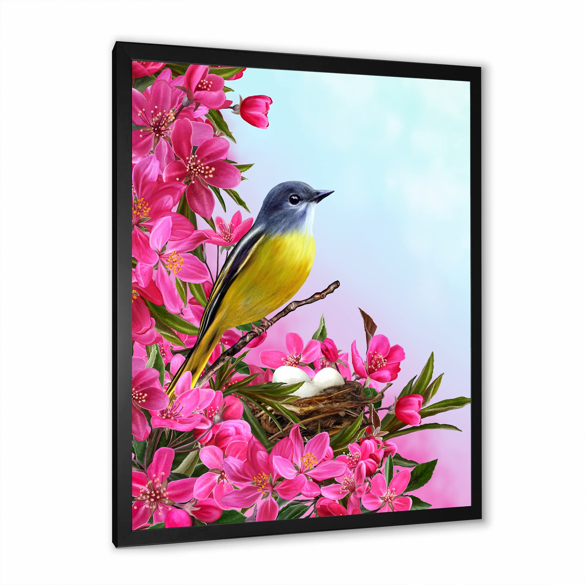 DesignQ Little Yellow Bird Near The Nest with Flowers - Traditional Framed Wall Art Painting - Perfect for Living Room, Bedroom & Office Decor