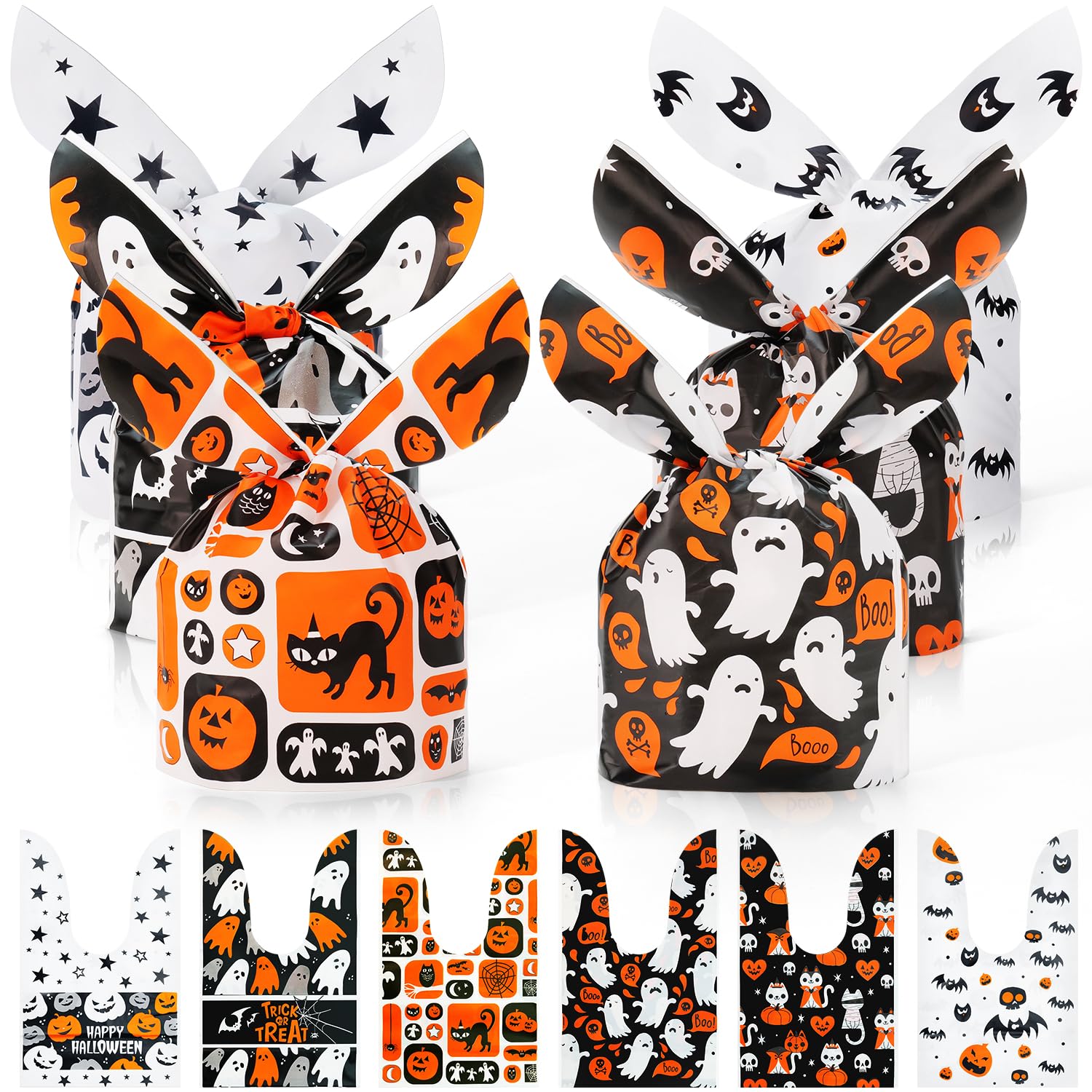 100Pcs Halloween Treat Bags for Kids - 6 Styles Cute Rabbit Ear Plastic Goodie Bags for Trick or Treat, Party Favors & Candy Gifts | Perfect for Halloween Parties, Classroom Treats & Neighborhood Trick-or-Treating