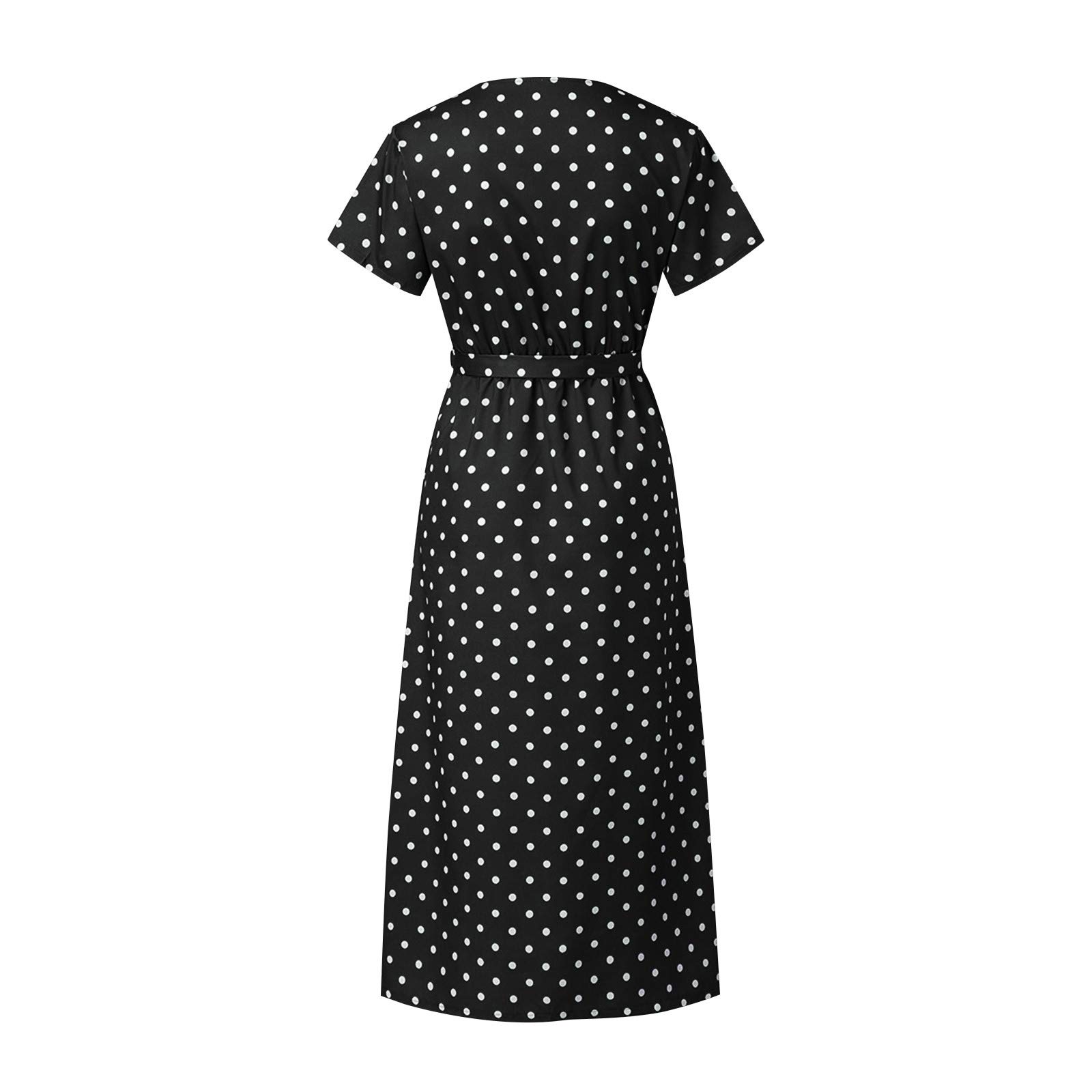 Women's Polka Dot Print V-Neck Short Sleeve Midi Sundress with Side Slit - Perfect for Summer Outings, Beach Vacations, and Casual Date Nights