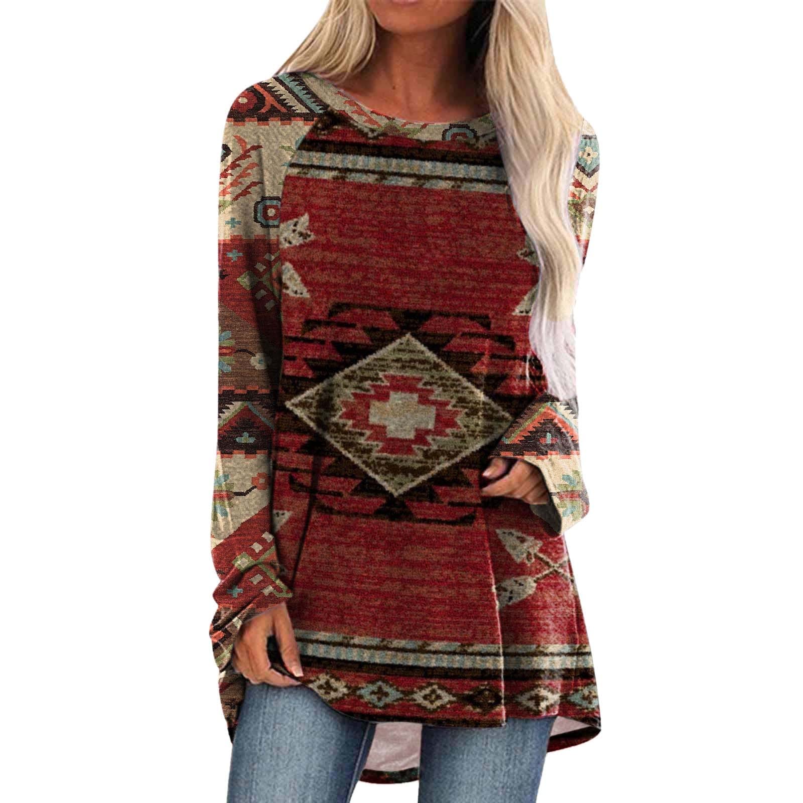 Women's Long Sleeve Casual Pullover Top - Round Neck Ethnic Print Blouse for Everyday Wear | Perfect for Work, Outings & Boho Style Outfits