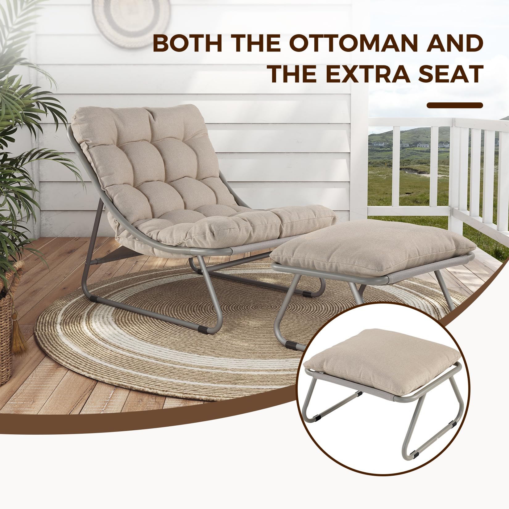 Premium Outdoor Lounge Chair Set with Foot Stool - Comfortable Sling Recliner with Plush Cushion & Adjustable Footrest - Modern Patio Furniture for Porch, Deck, Garden, Poolside - Champagne Gray - Perfect for Relaxing, Sunbathing & Outdoor Entertaining