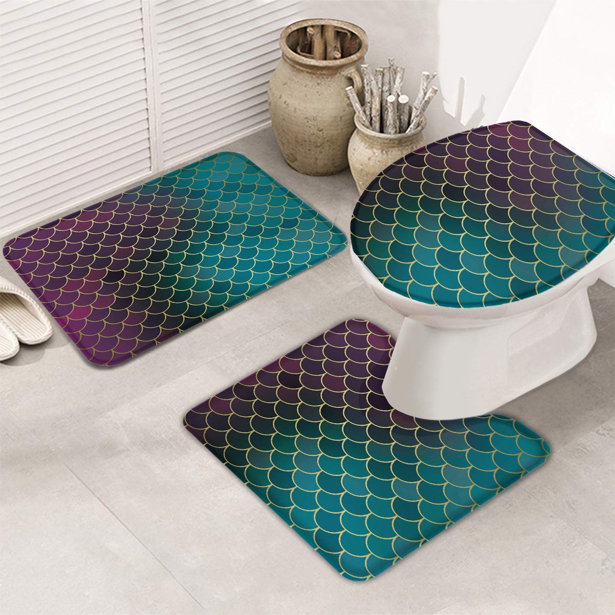 Fish Glitter Ocean 3-Piece Non-Slip Bath Mat Set - Ombre Purple Teal Luxury Soft Absorbent Bathroom Rugs with Contour Mat & Toilet Lid Cover, Washable & Dryable - Perfect for Coastal, Nautical or Mermaid Themed Bathrooms