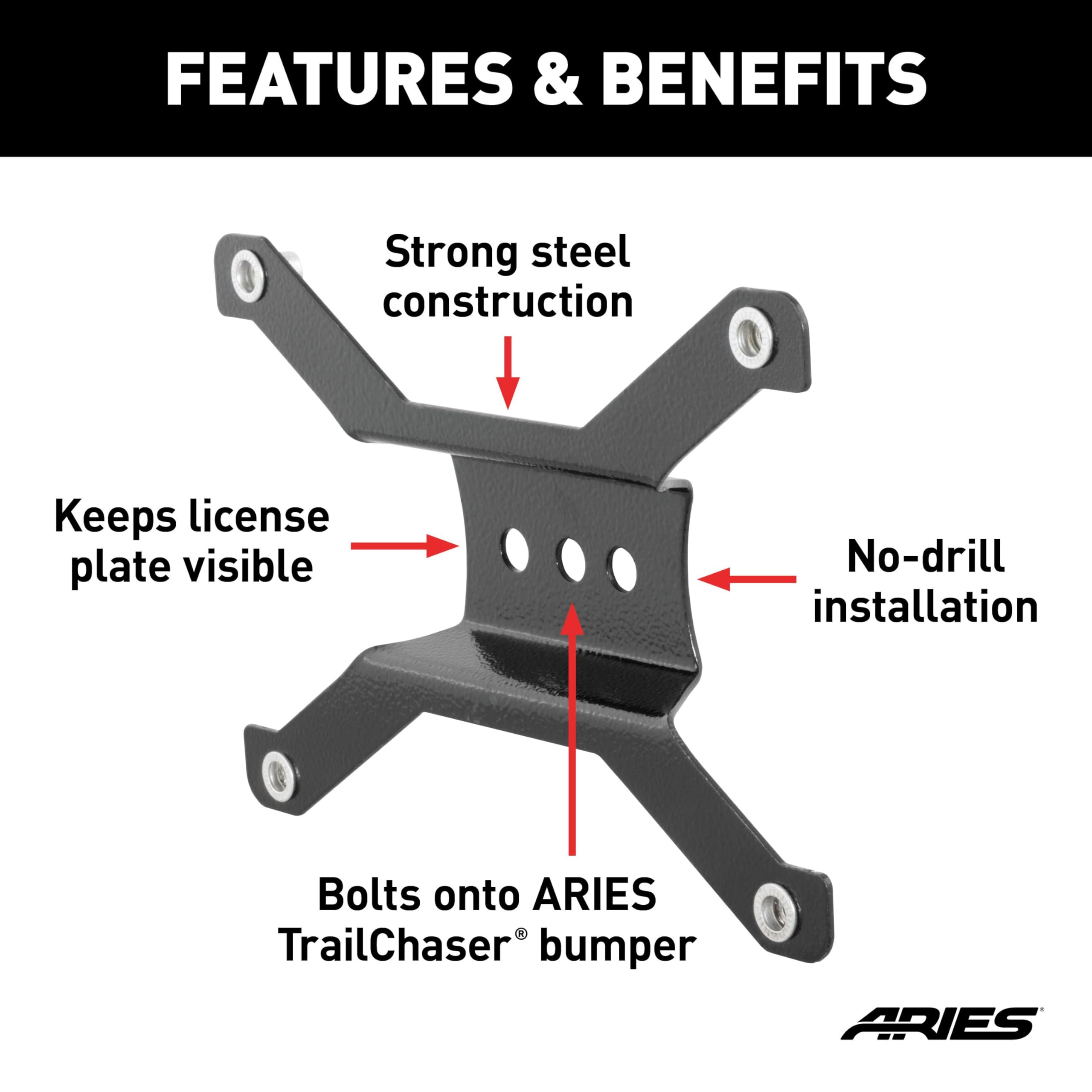 ARIES 55-0000 Black Jeep Bumper License Plate Bracket - Heavy Duty Front Mounting Bracket for Jeep Wrangler & Gladiator - Perfect for Off-Road & Street Legal Compliance