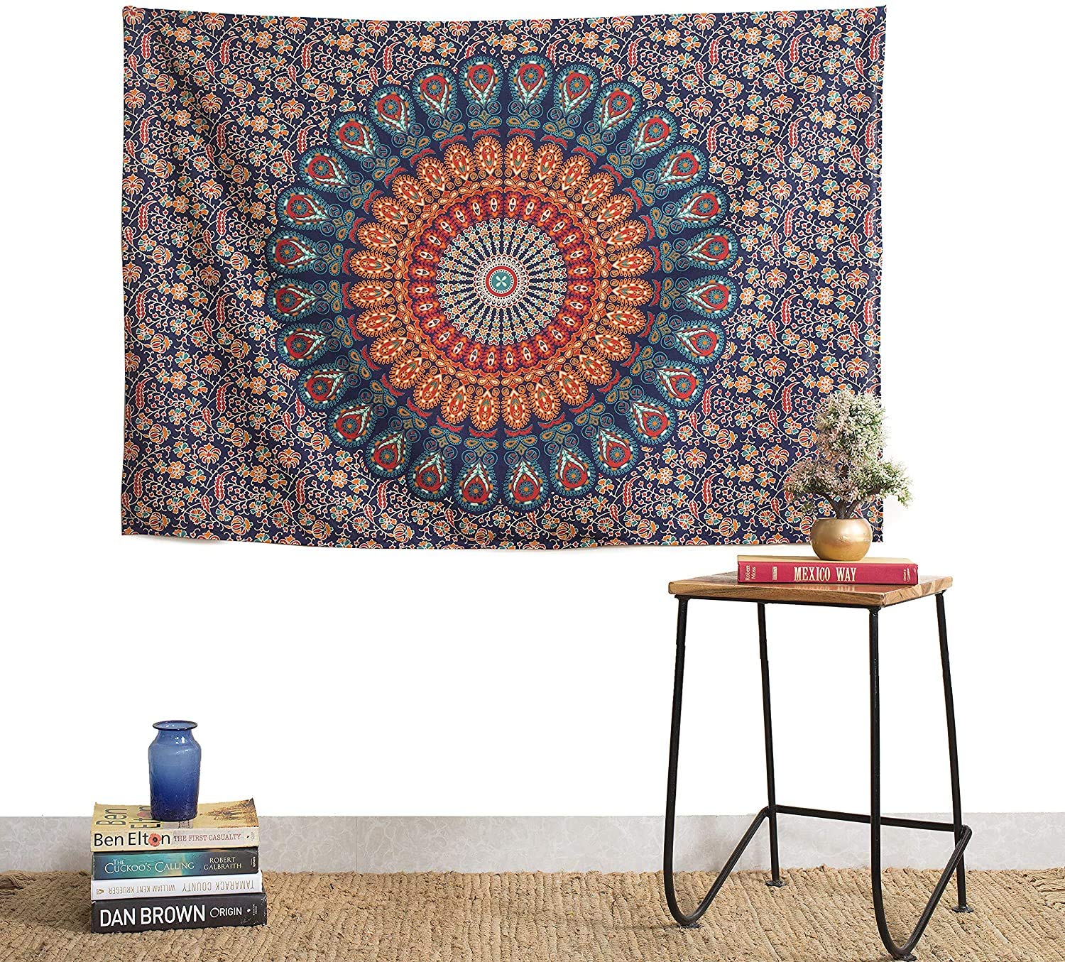 GDONLINE Cotton Wall Hanging Indian Mandala Tapestry - Bohemian Peacock Feather Wall Decor for Home, Dorm, Yoga Studio & Beach - 40 x 30 Inch Hippie Bedspread, Yoga Mat Cover & Bohemian Throw Blanket