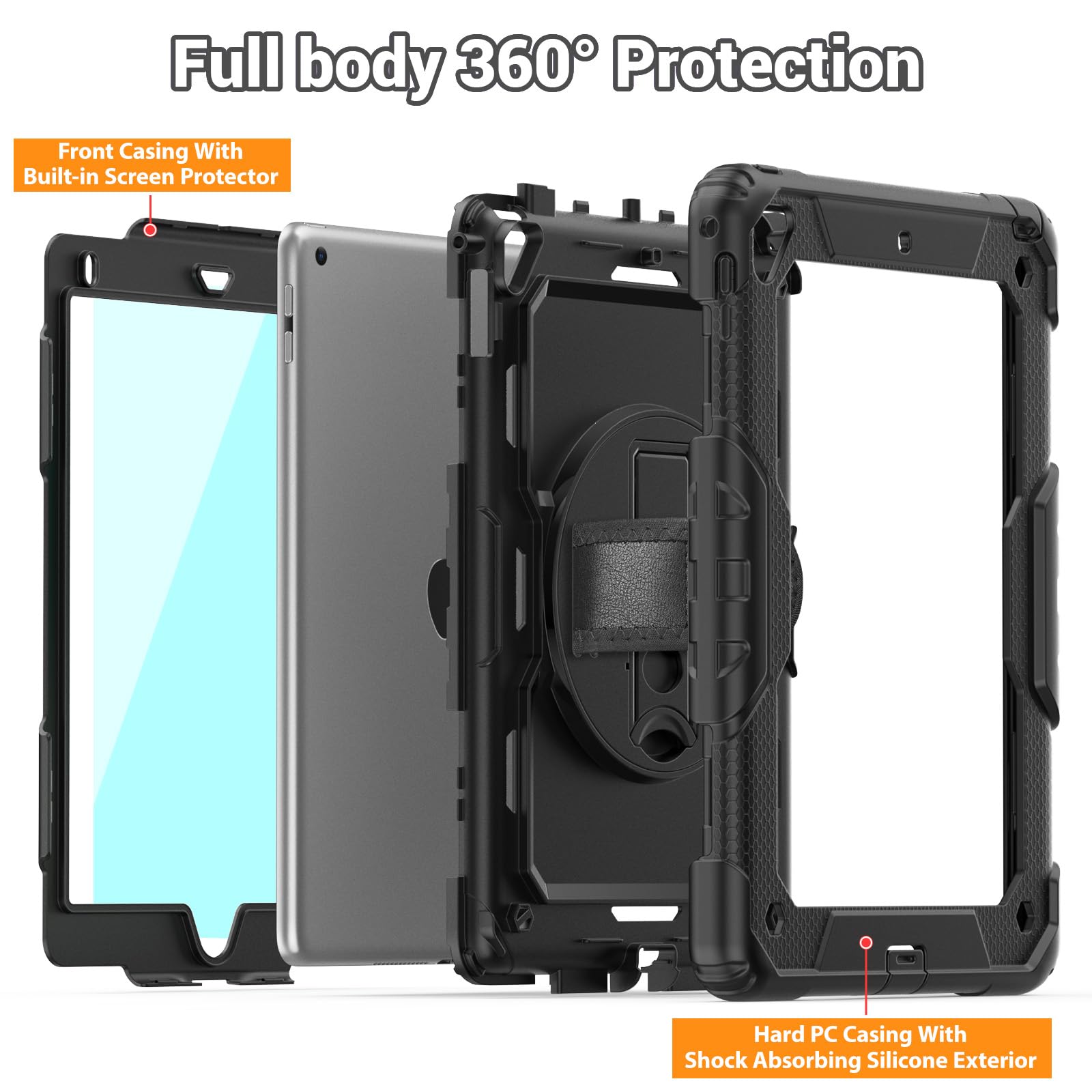 SEYMAC Shockproof Protective Case for iPad Air 2/5th/6th Gen & iPad Pro 9.7 Inch - 360° Rotating Stand with Hand/Shoulder Strap & Screen Protector (Black) | Perfect for Work, Travel & Home Use